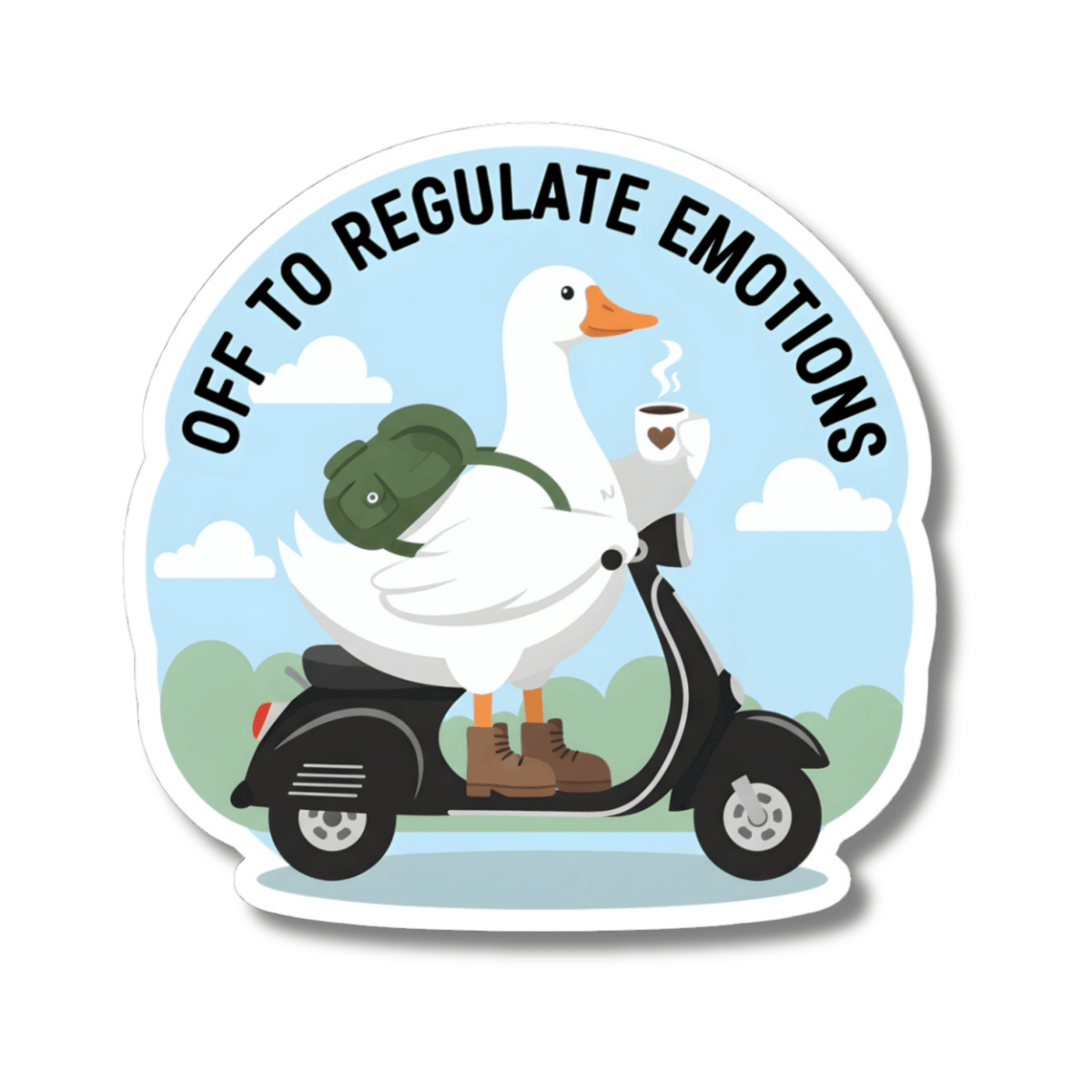 Off To Regulate Emotions Funny Goose Sticker - Mental Health Duck On Scooter Vinyl Decal 3" 4" 6"