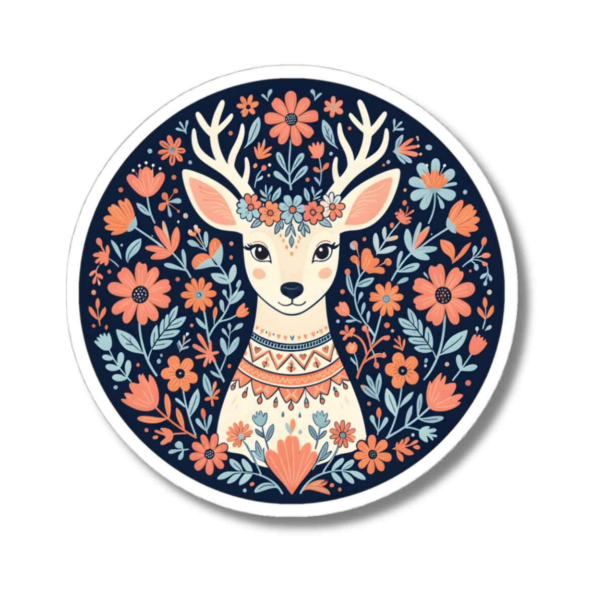 Folk Art Woodland Deer Sticker -  Boho Woodland Animal Round Vinyl Decal 3" 4" 6" Inch