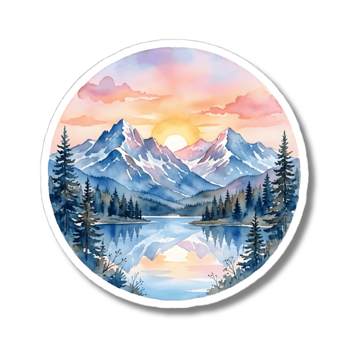 Mountain Lake Sunset Watercolor Sticker - Round Snowy Peaks Forest Nature Vinyl Decal 3" 4" 6" Inch