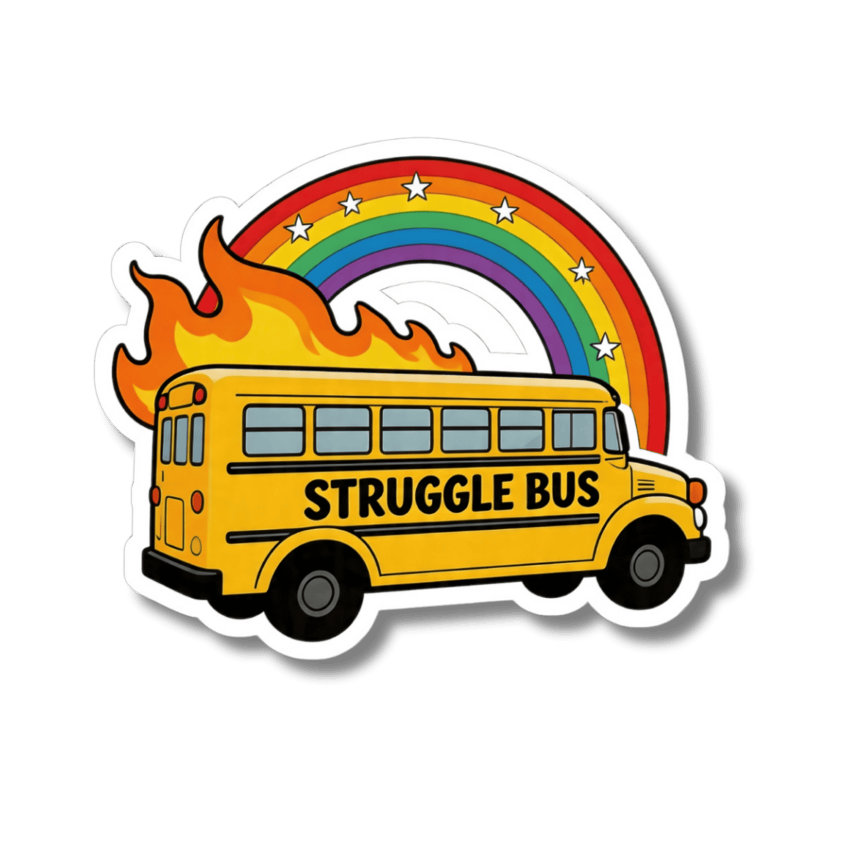 Funny Struggle Bus Sticker - Flaming School Bus with Rainbow & Stars Vinyl Decal 3" 4" 6" Inch