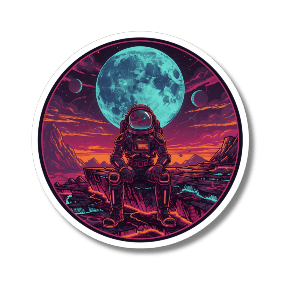 Synthwave Astronaut Sticker - Sci-Fi Cosmic Moon Vinyl Decal 3" 4, 6" Inch