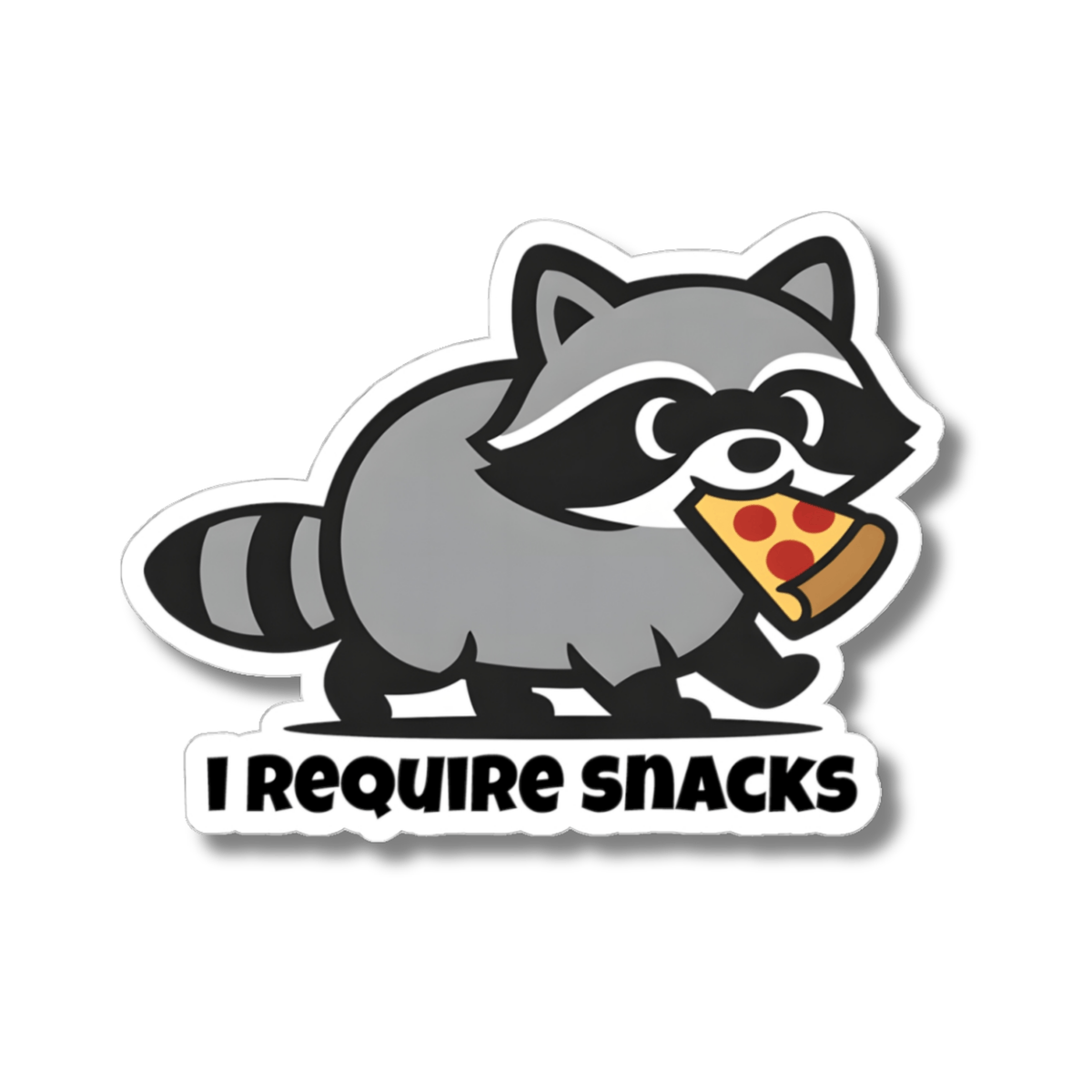Funny Raccoon I Require Snacks Sticker - Cute Trash Panda Eating Pizza Vinyl Decal  3" 4" 6" Inch