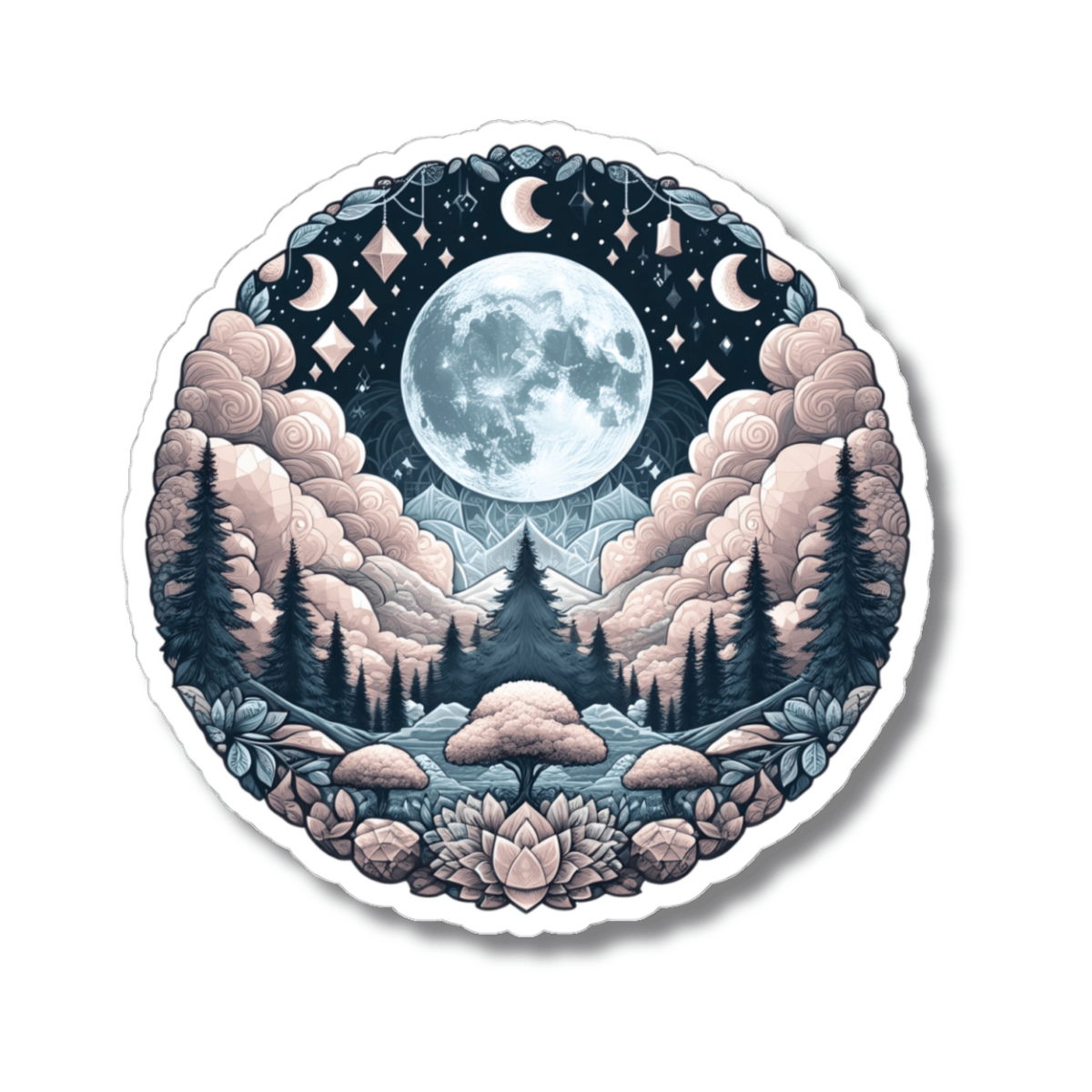 Celestial Moon Forest Art Sticker - Night Sky Mountain Landscape Vinyl Decal 3" 4" 6" Inch