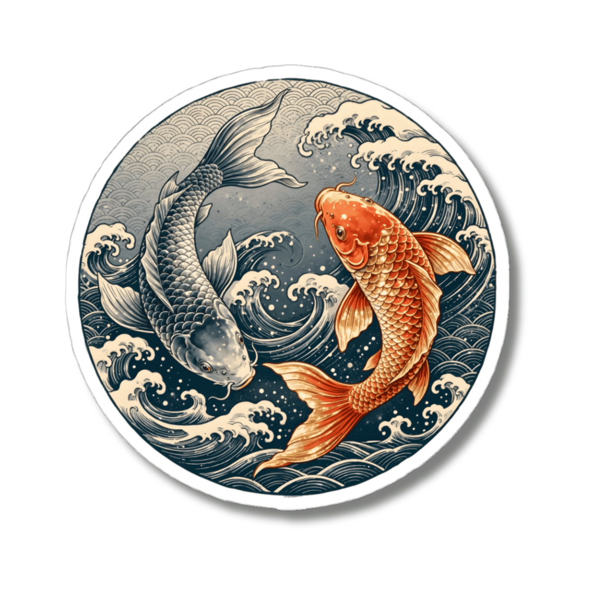 Round Yin Yang Koi Fish Sticker - Japanese Carp Wave Art Vinyl Decal 3" 4" 6" Inch