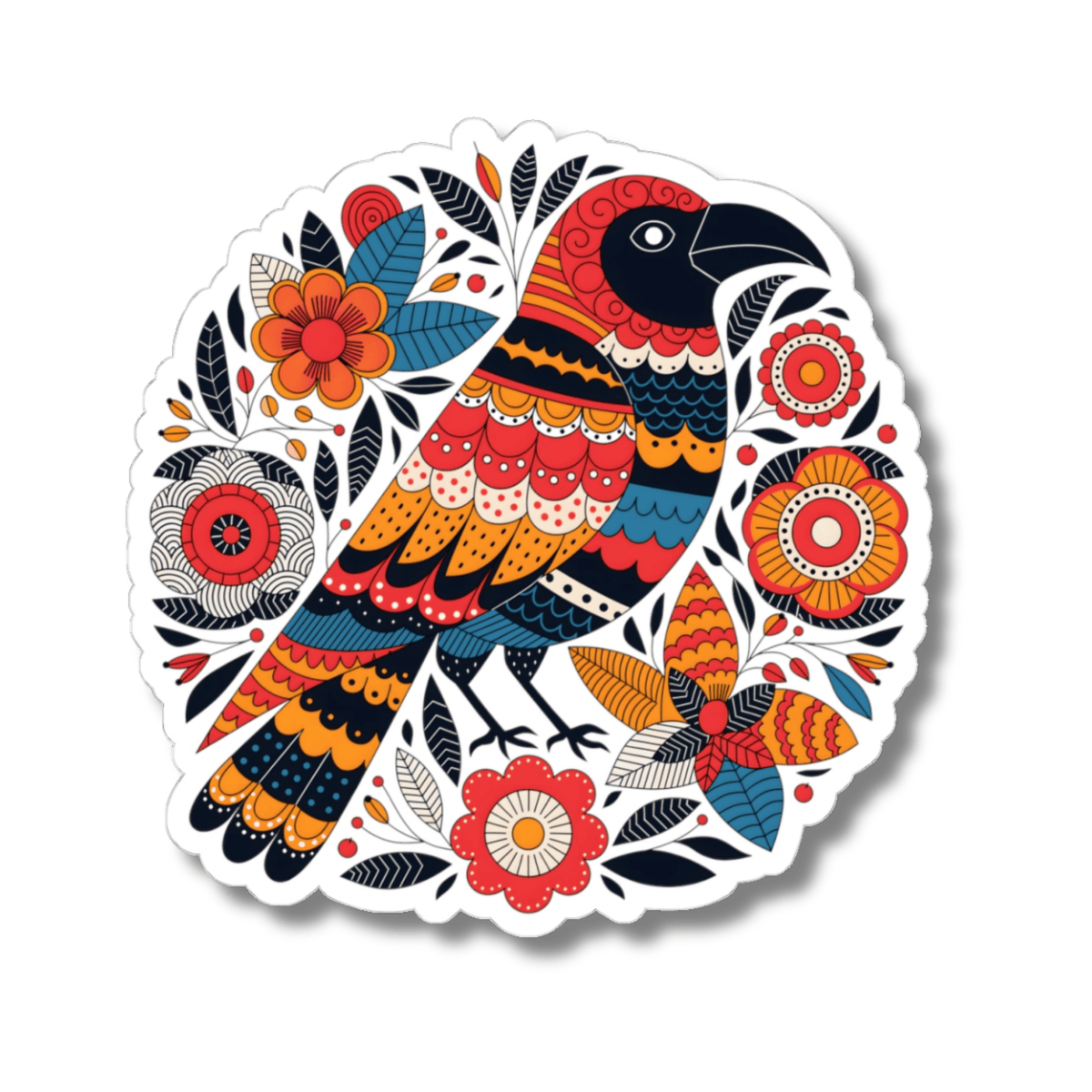 Bohemian Folk Art Crow Sticker - Round Colorful Raven Bird Art Vinyl Decal 3" 4" 6" Inch