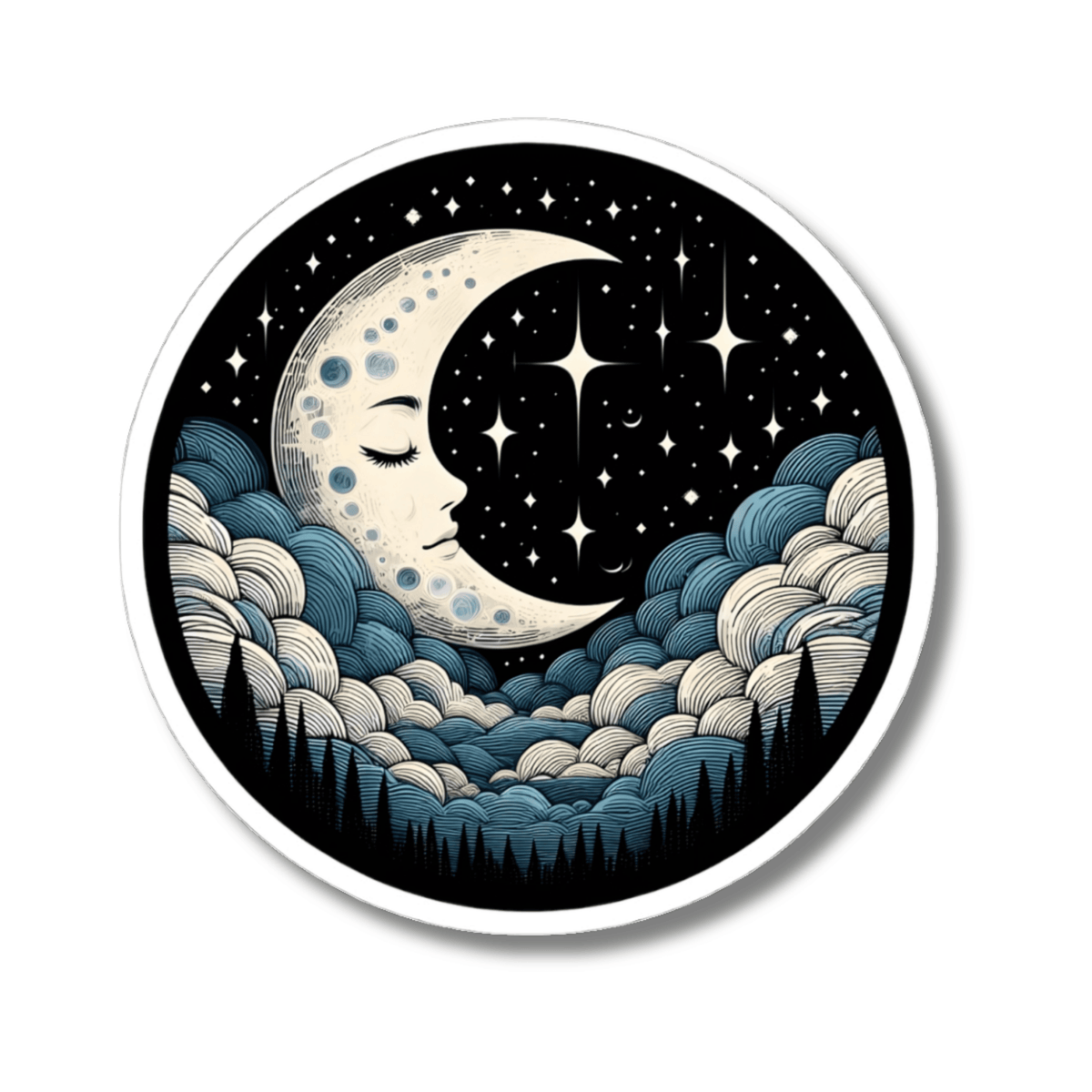 Mystical Crescent Moon Night Sky Sticker - Celestial Stars & Clouds Vinyl Decal 3" 4" 6" Inch