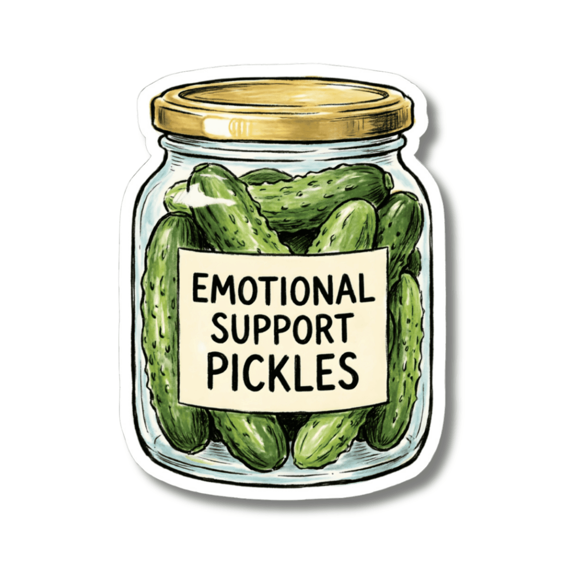 Emotional Support Pickles Sticker - Funny Pickle Jar Cucumber Food Pun Vinyl Decal 3" 4" 6" Inch