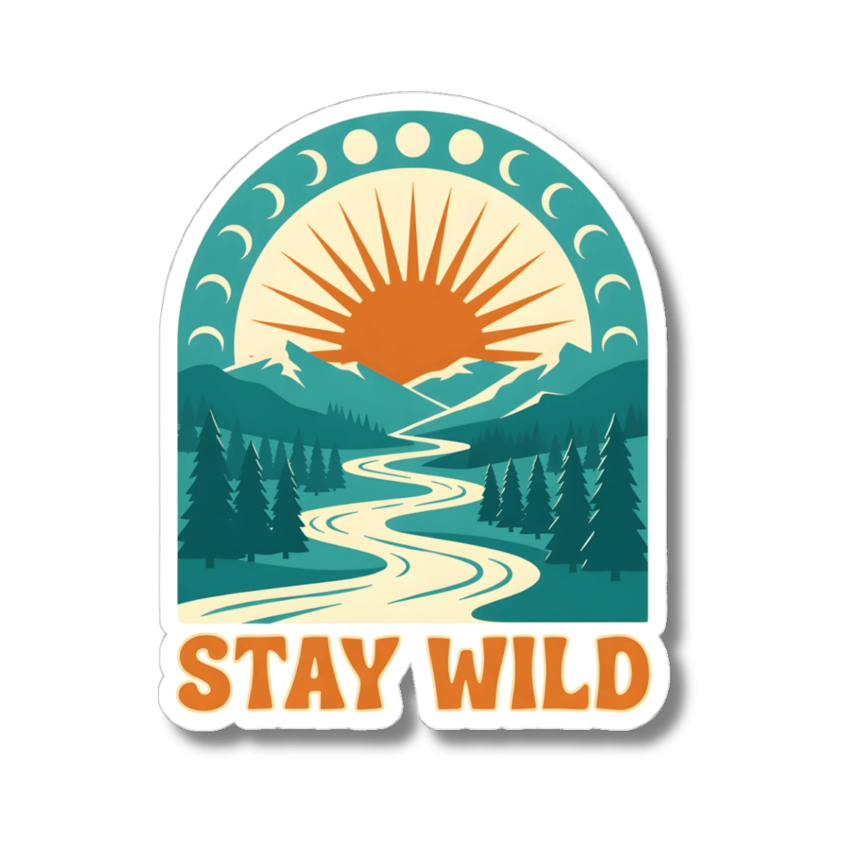 Stay Wild Retro Nature Sticker - Moon Phase Mountain Outdoor Adventure Vinyl Decal 3" 4" 6" Inch