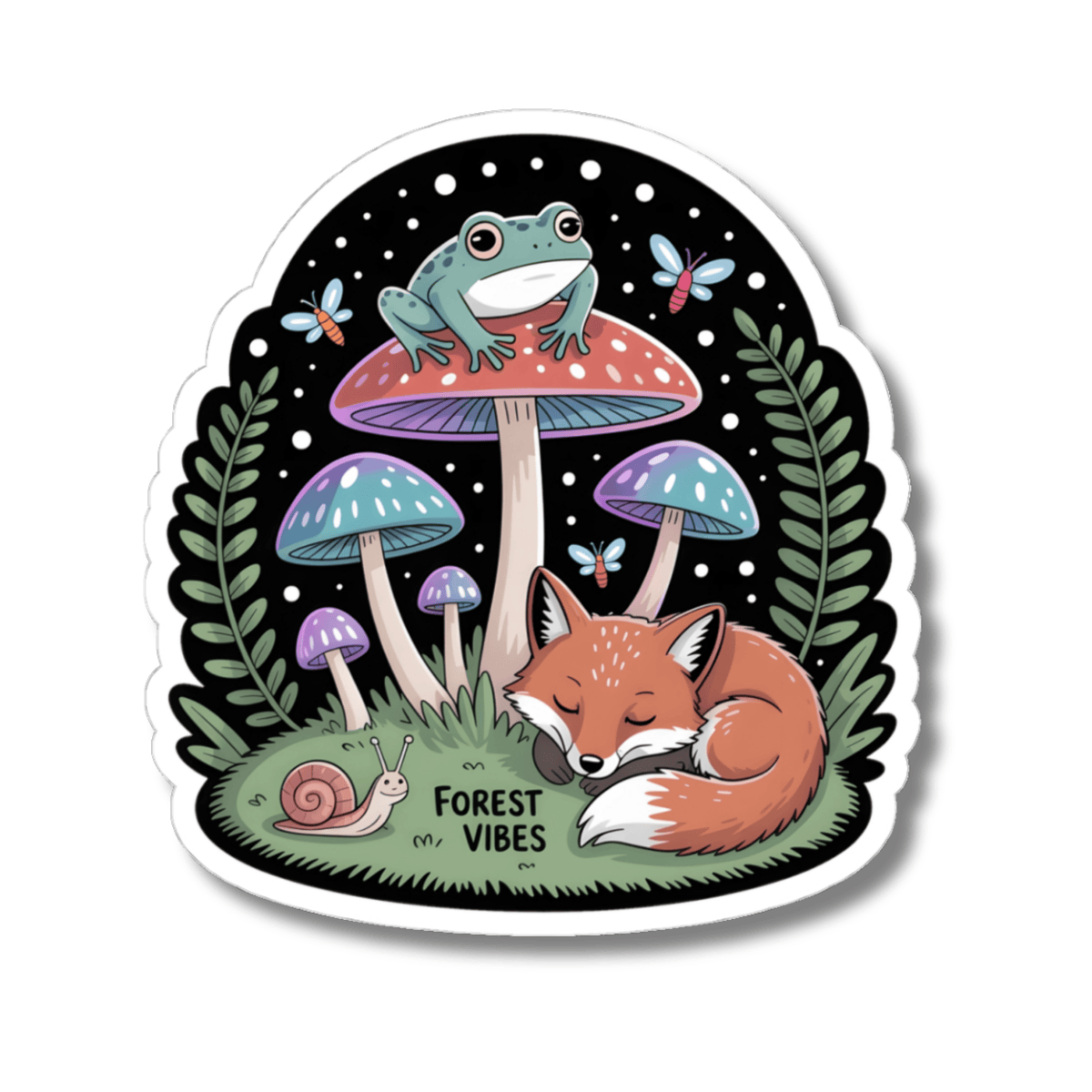 Forest Vibes Cute Woodland Animals Sticker - Fox Frog Mushroom Night Scene Vinyl Decal 3" 4" 6" Inch