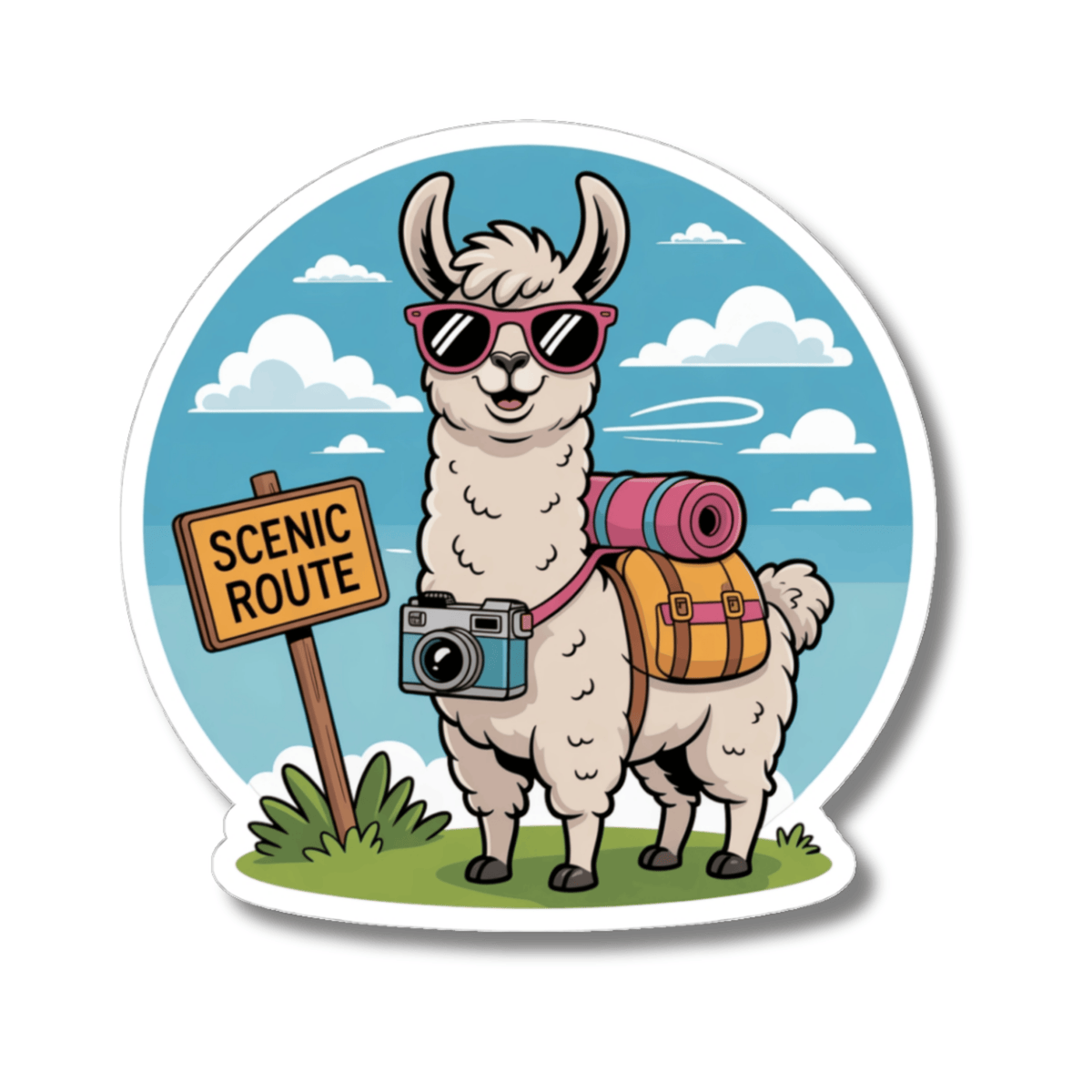 Traveling Llama with Camera Sticker - Scenic Route Hiker Vinyl Decal 3" 4, 6' Inch
