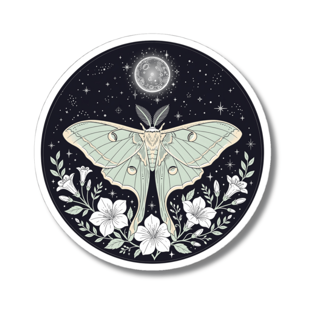 Luna Moth with White Flowers Sticker - Celestial Full Moon Witchy Botanical Art Vinyl Decal 3" 4" 6" Inch