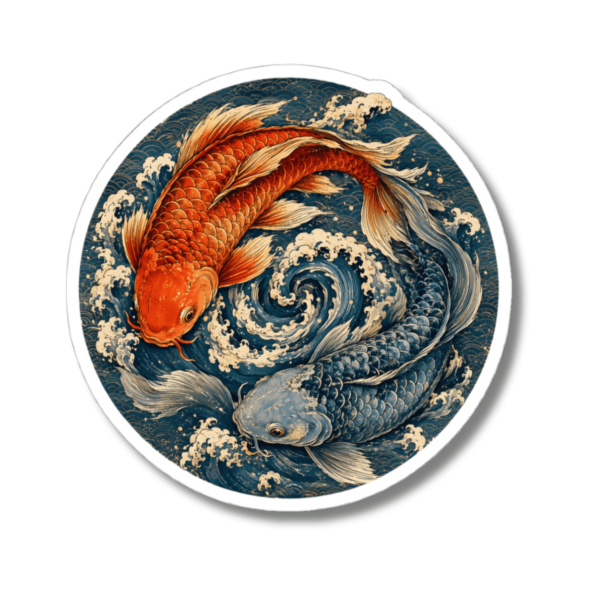 Japanese Koi Fish Yin Yang Sticker - Zen Pisces Carp Ocean Waves Art Vinyl Decal 3" 4" 6" Inch