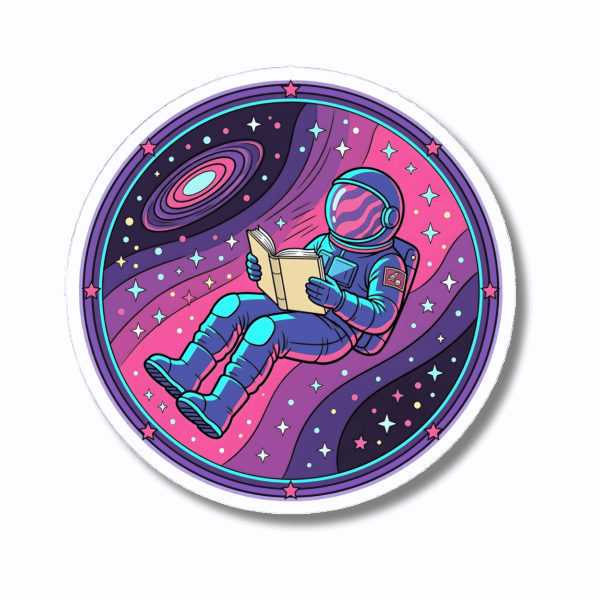 Astronaut Reading in Space Sticker - Retro Cosmic Book Lover Vinyl Decal 3" 4" 6" Inch