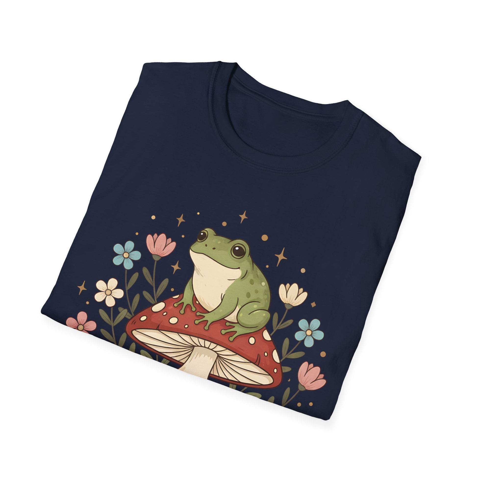 Cute Cottagecore Frog on Mushroom Graphic Tee | Woodland Forest Flowers Tshirt