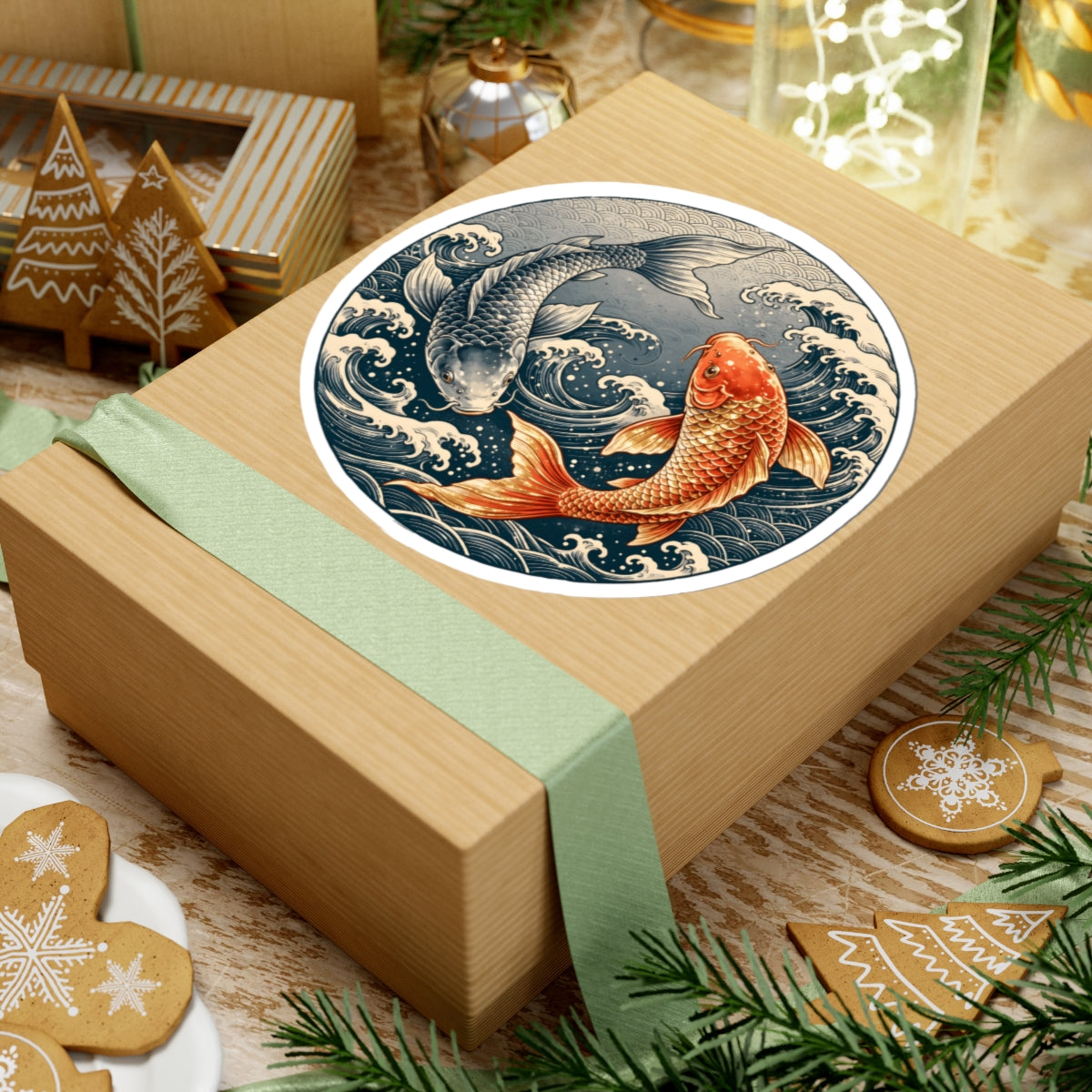 Round Yin Yang Koi Fish Sticker - Japanese Carp Wave Art Vinyl Decal 3" 4" 6" Inch
