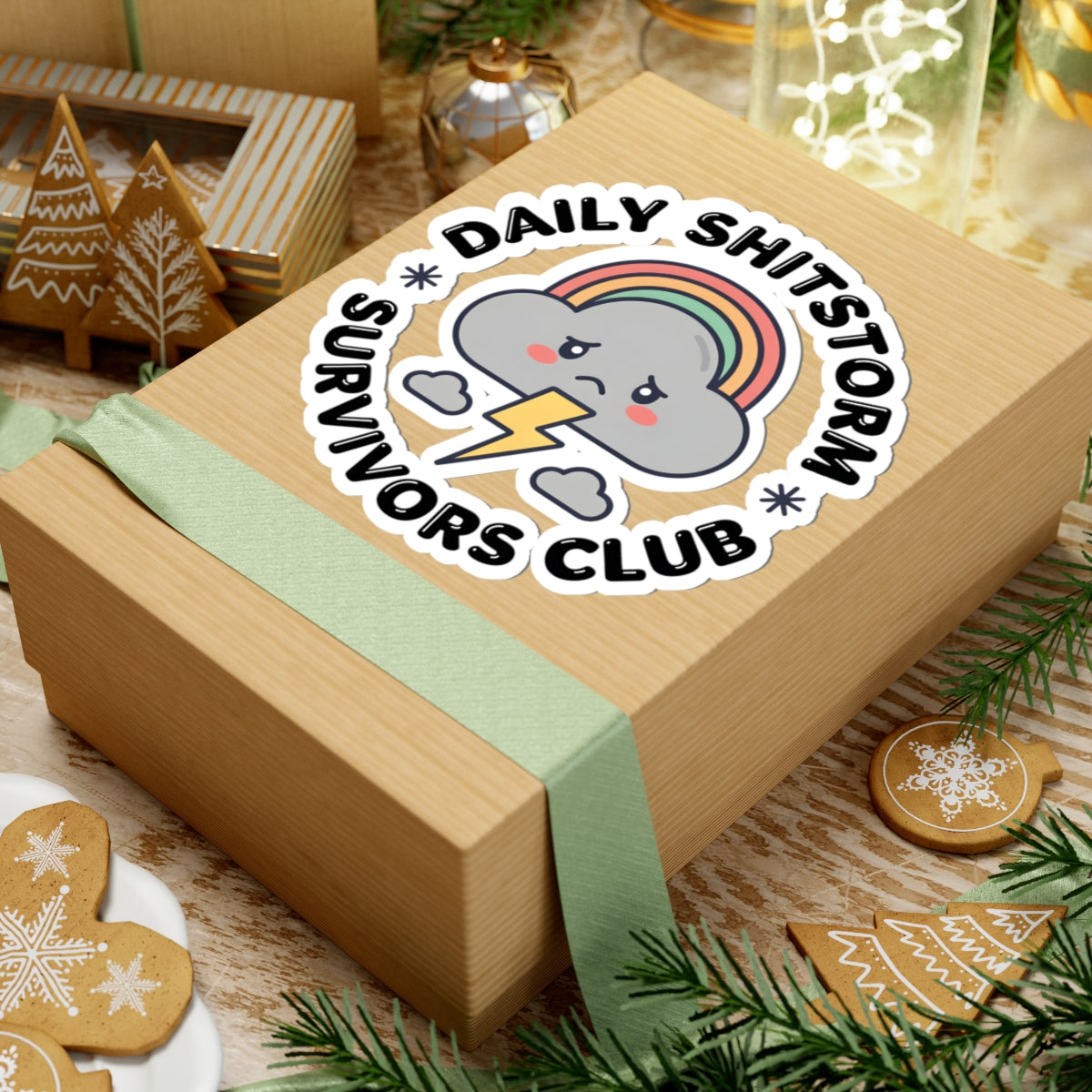 Daily Shitstorm Survivors Club Sticker - Humorous Sad Cloud & Rainbow Vinyl Decal 3" 4" 6" Inch