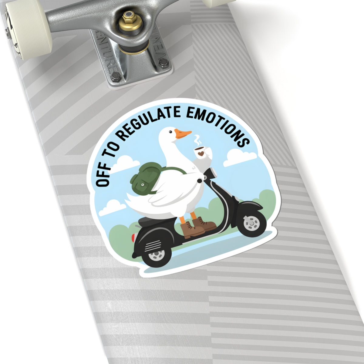 Off To Regulate Emotions Funny Goose Sticker - Mental Health Duck On Scooter Vinyl Decal 3" 4" 6"