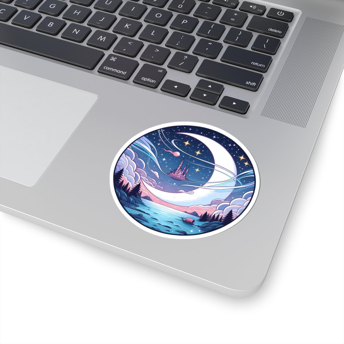 Dreamy Castle Crescent Moon Sticker - Whimsical Celestial Night Sky Round Vinyl Decal 3" 4" 6" Inch