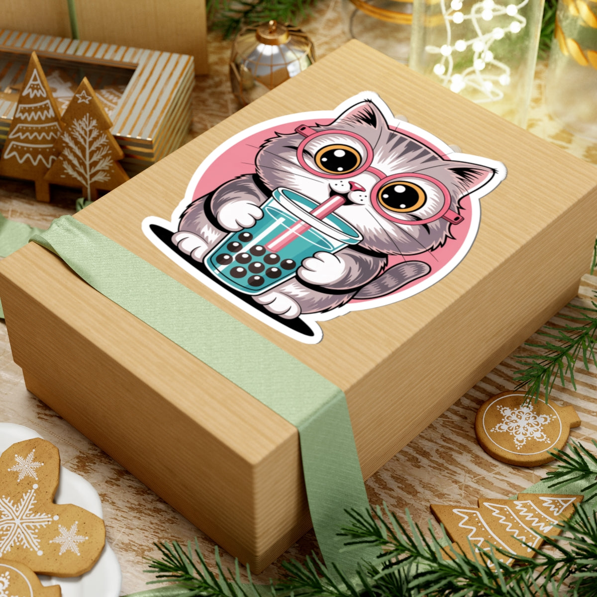 Kawaii Cat Bubble Tea Sticker Cute Animal Iced Coffee Glasses Vinyl Decal