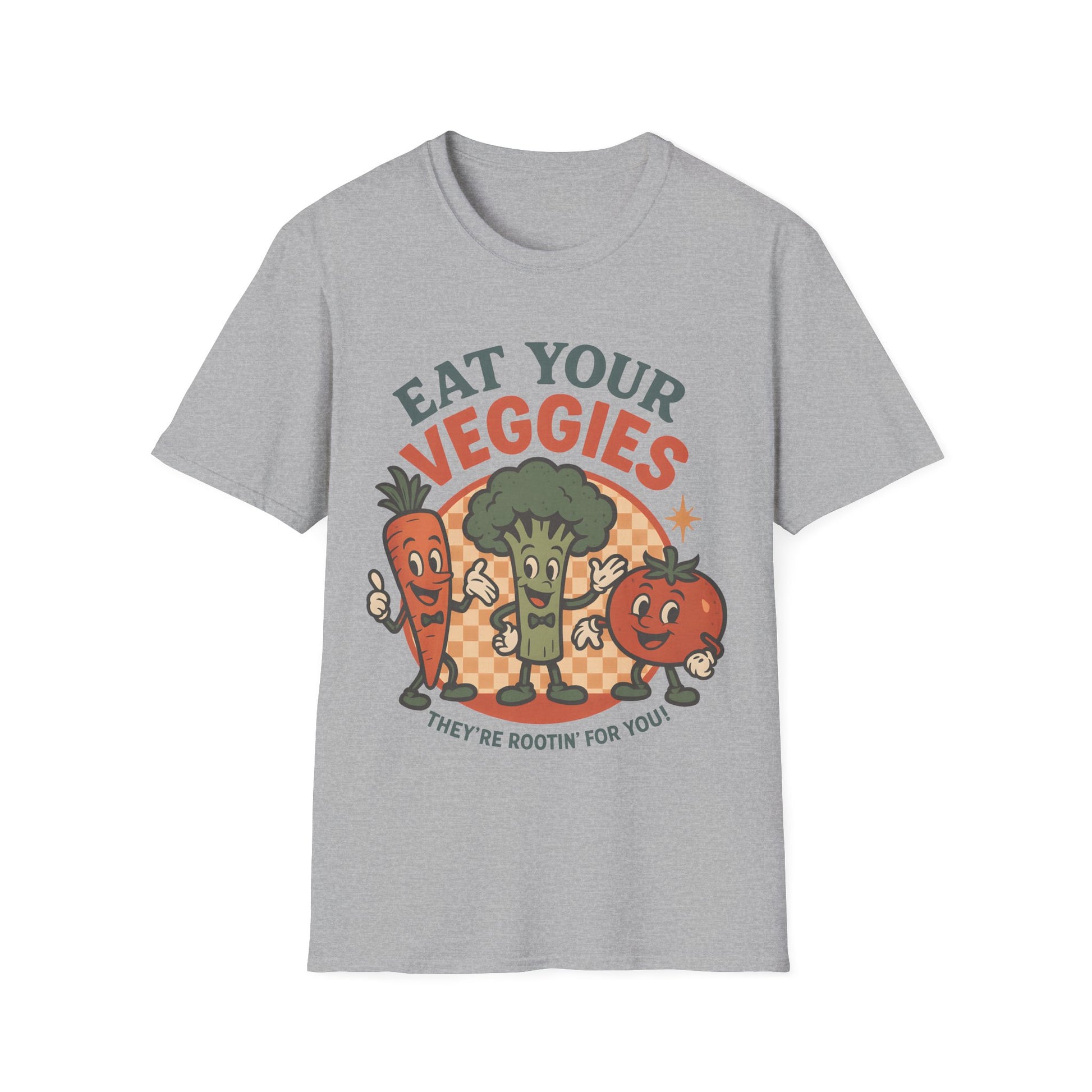 Flat lay of heather gray “Eat Your Veggies” vegan vegetable t-shirt, with cartoon carrot, broccoli and tomato characters and the slogan “They’re rootin’ for you!” on the front.