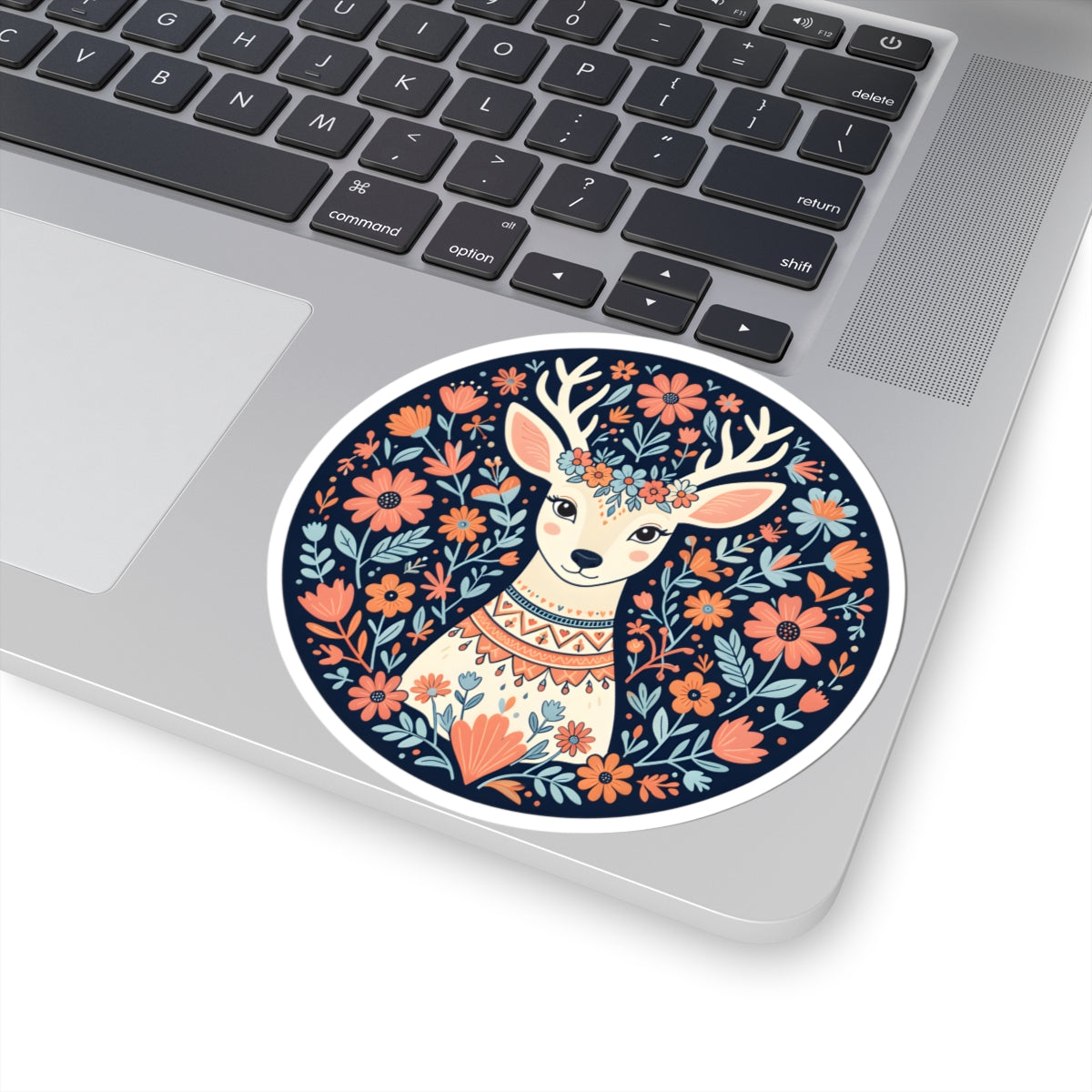 Folk Art Woodland Deer Sticker -  Boho Woodland Animal Round Vinyl Decal 3" 4" 6" Inch