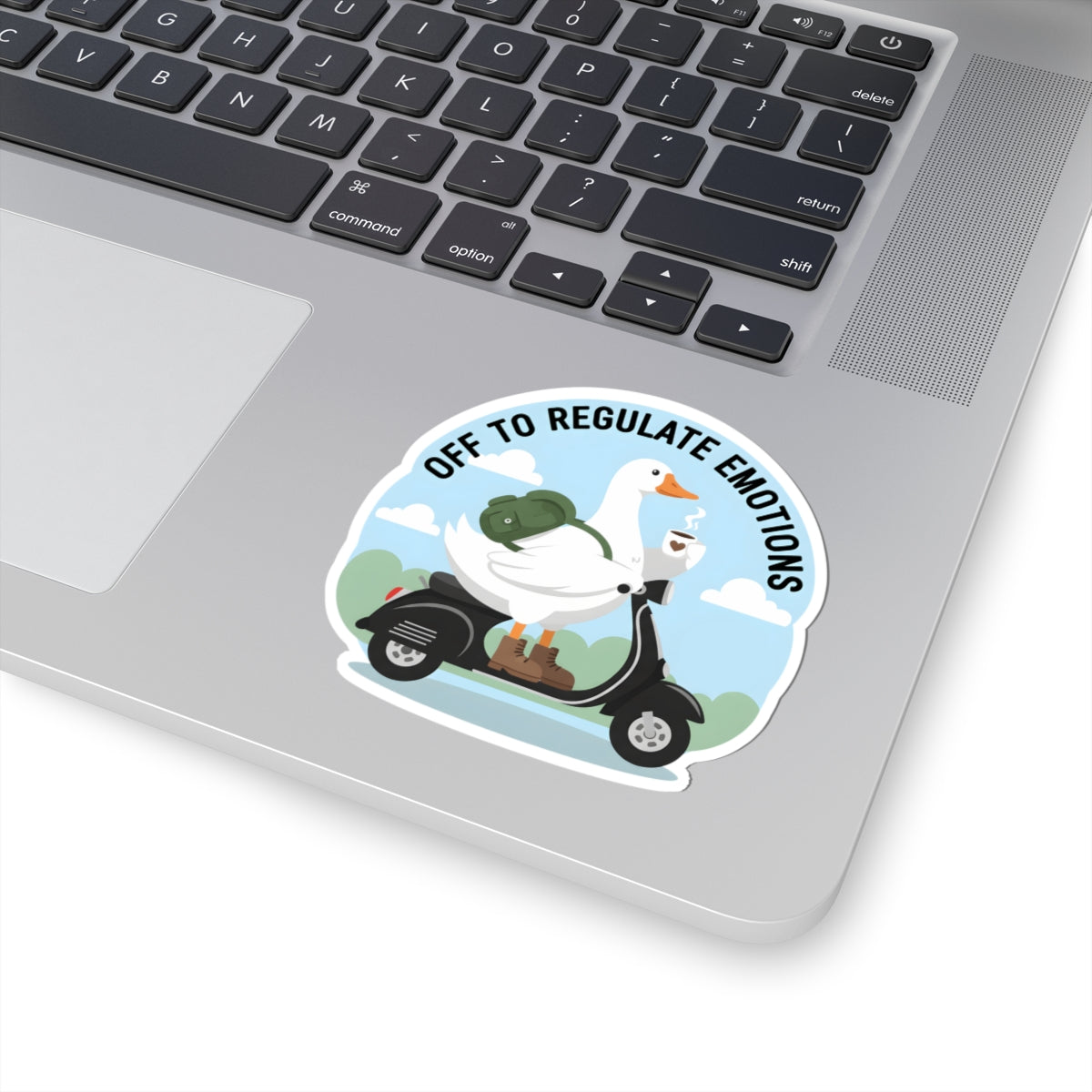 Off To Regulate Emotions Funny Goose Sticker - Mental Health Duck On Scooter Vinyl Decal 3" 4" 6"