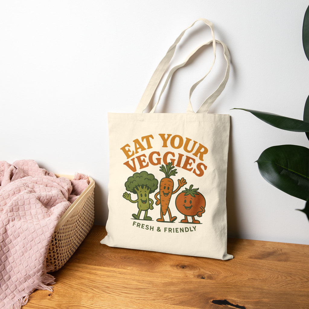 Eat Your Veggies Retro Canvas Tote Bag - Vegan Plant Lover Market Tote