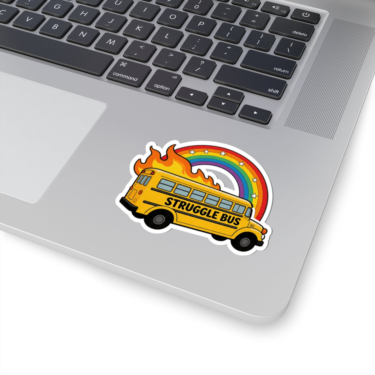 Funny Struggle Bus Sticker - Flaming School Bus with Rainbow & Stars Vinyl Decal 3" 4" 6" Inch