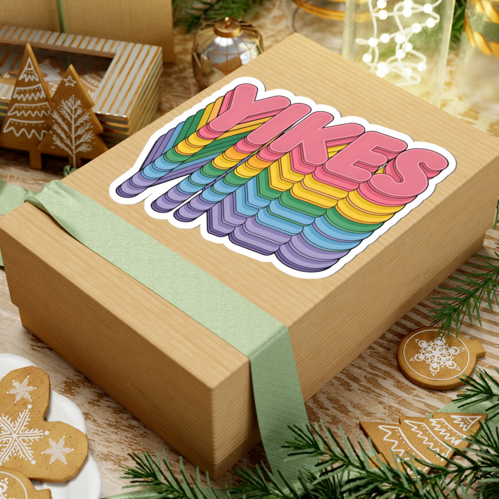 Retro Pastel Rainbow Yikes Sticker - 3D Stacked Text Funny Meme Aesthetic Vinyl Decal 3" 4" 6" Inch