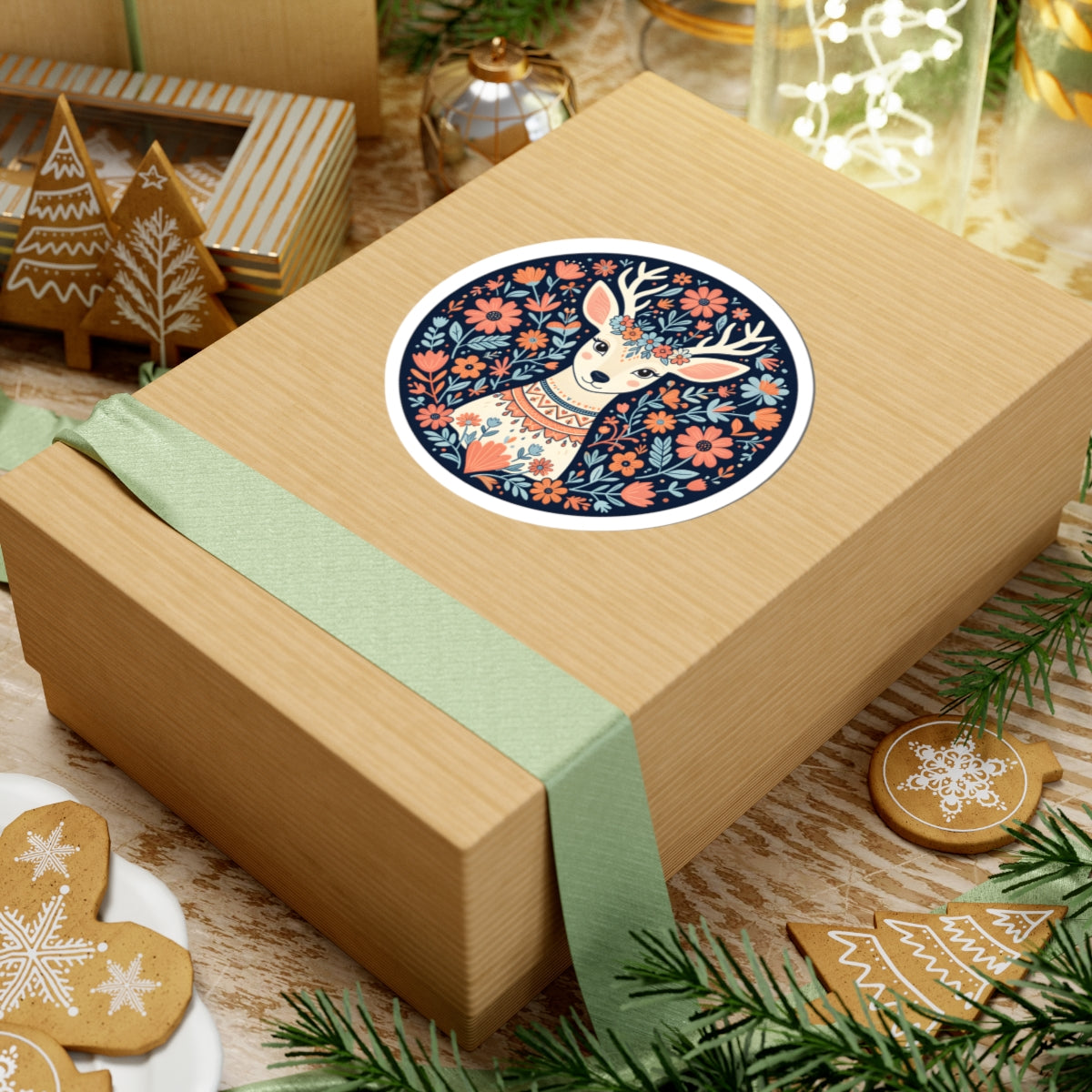 Folk Art Woodland Deer Sticker -  Boho Woodland Animal Round Vinyl Decal 3" 4" 6" Inch