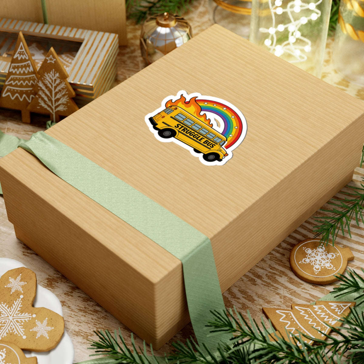 Funny Struggle Bus Sticker - Flaming School Bus with Rainbow & Stars Vinyl Decal 3" 4" 6" Inch