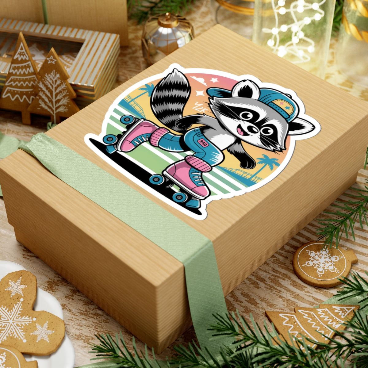 Cute Roller Skating Raccoon Sticker - Retro 80s Aesthetic Animal Vinyl Decal