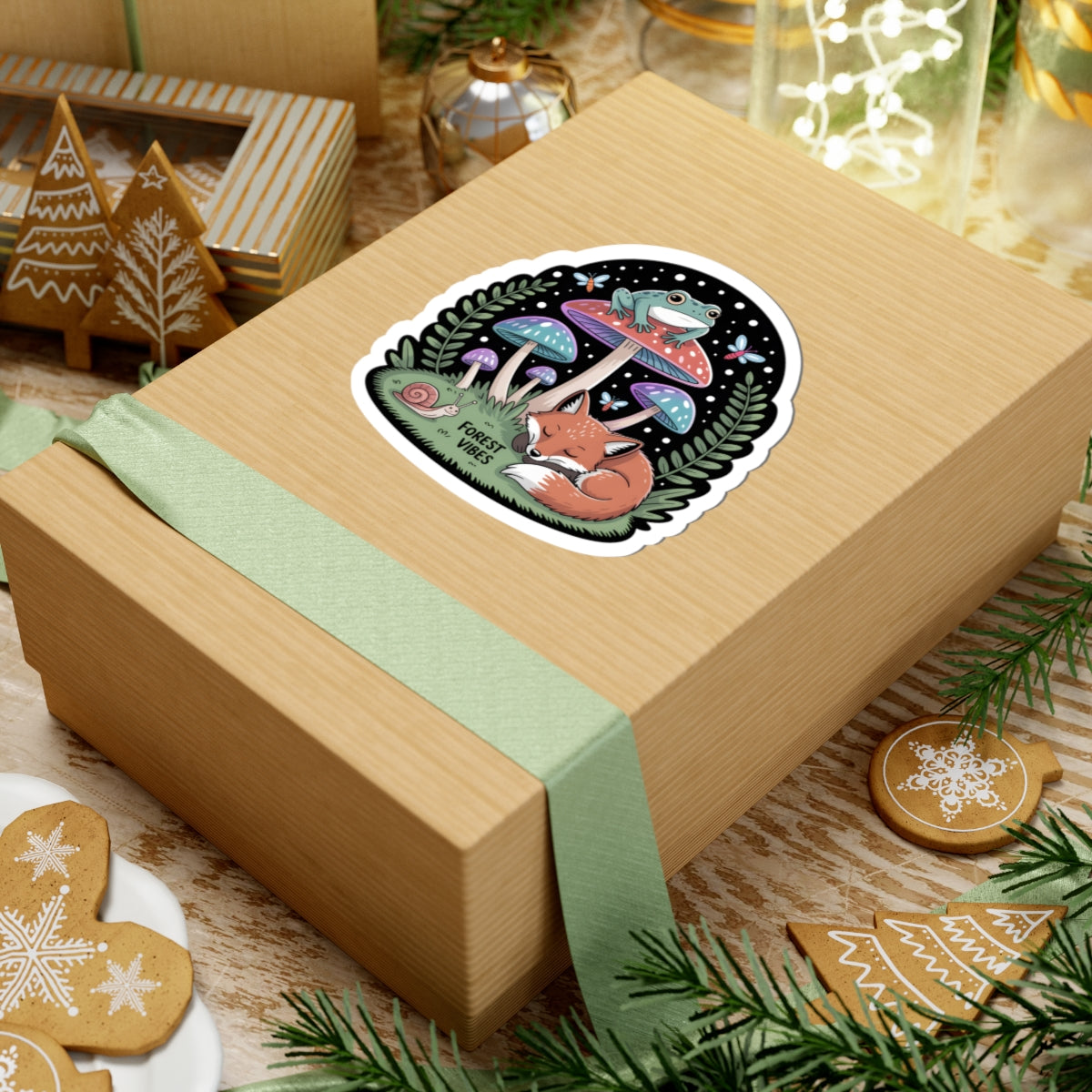 Forest Vibes Cute Woodland Animals Sticker - Fox Frog Mushroom Night Scene Vinyl Decal 3" 4" 6" Inch