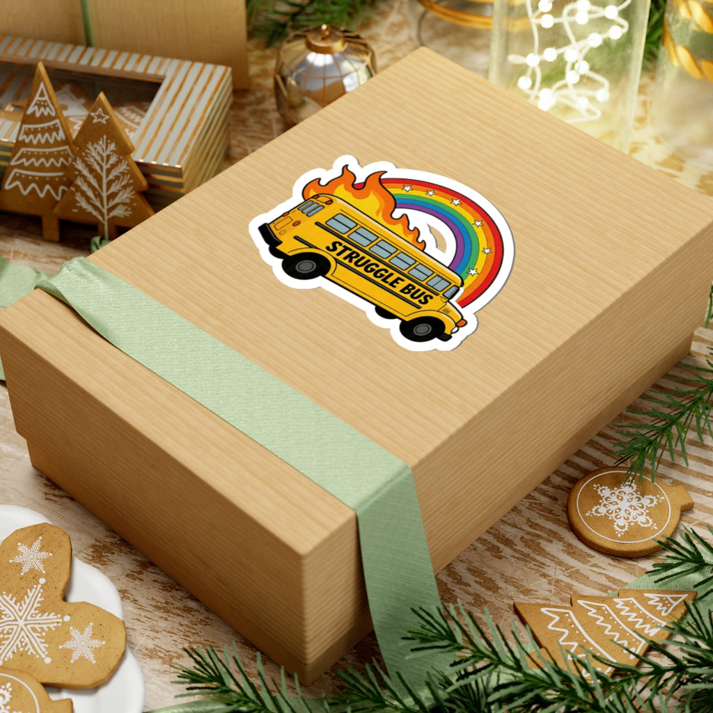 Funny Struggle Bus Sticker - Flaming School Bus with Rainbow & Stars Vinyl Decal 3" 4" 6" Inch