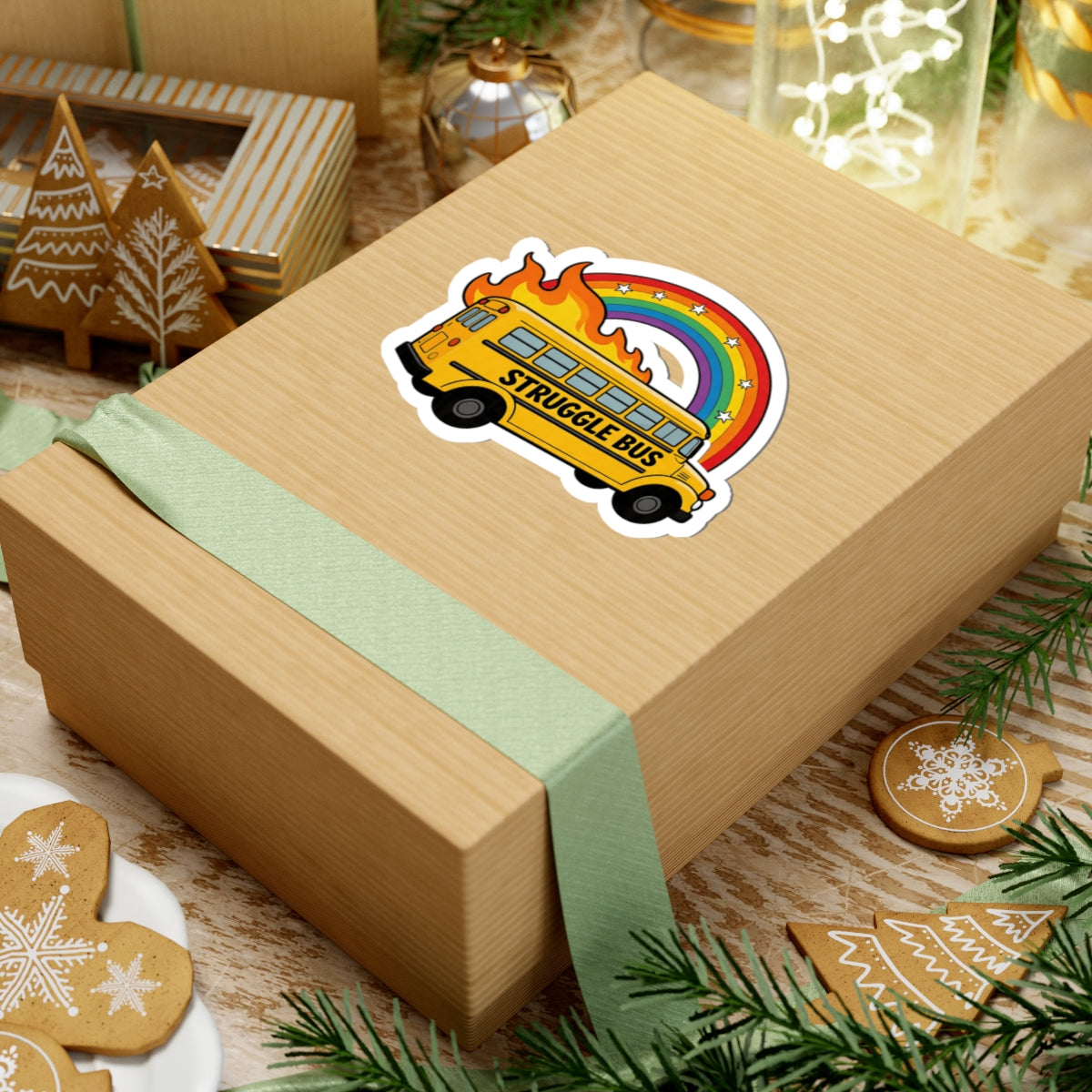 Funny Struggle Bus Sticker - Flaming School Bus with Rainbow & Stars Vinyl Decal 3" 4" 6" Inch