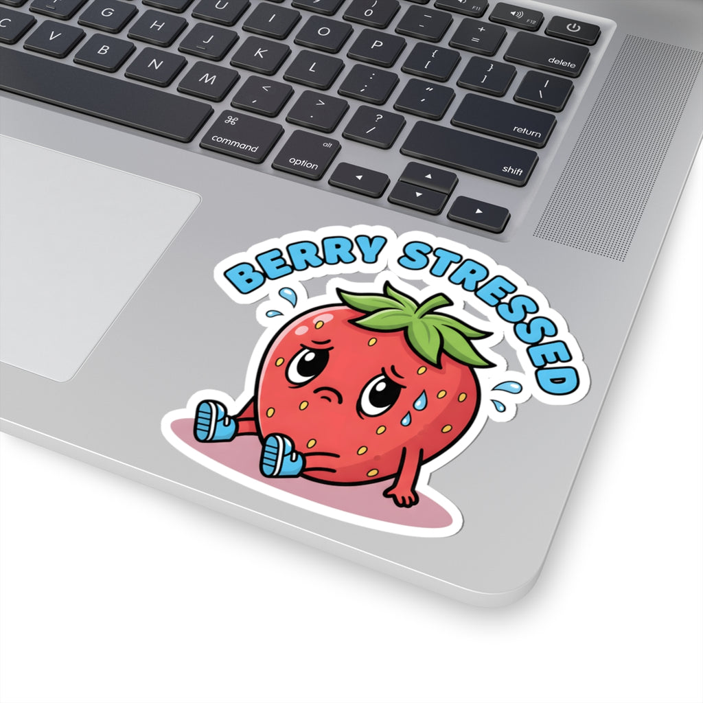 Berry Stressed Strawberry Sticker - Funny Pun Cute Cartoon Anxiety Vinyl Decal 3, 4" 6" Inch