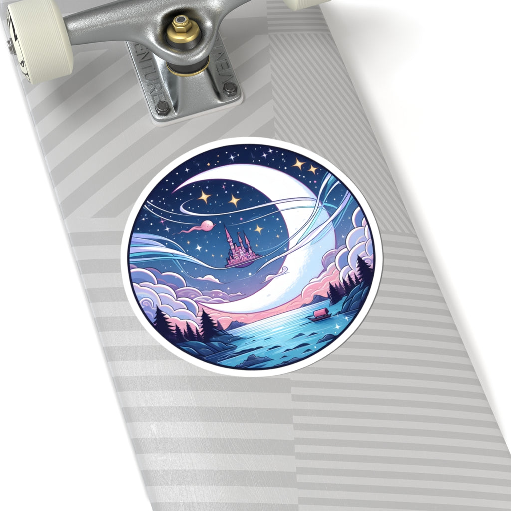 Dreamy Castle Crescent Moon Sticker - Whimsical Celestial Night Sky Round Vinyl Decal 3" 4" 6" Inch