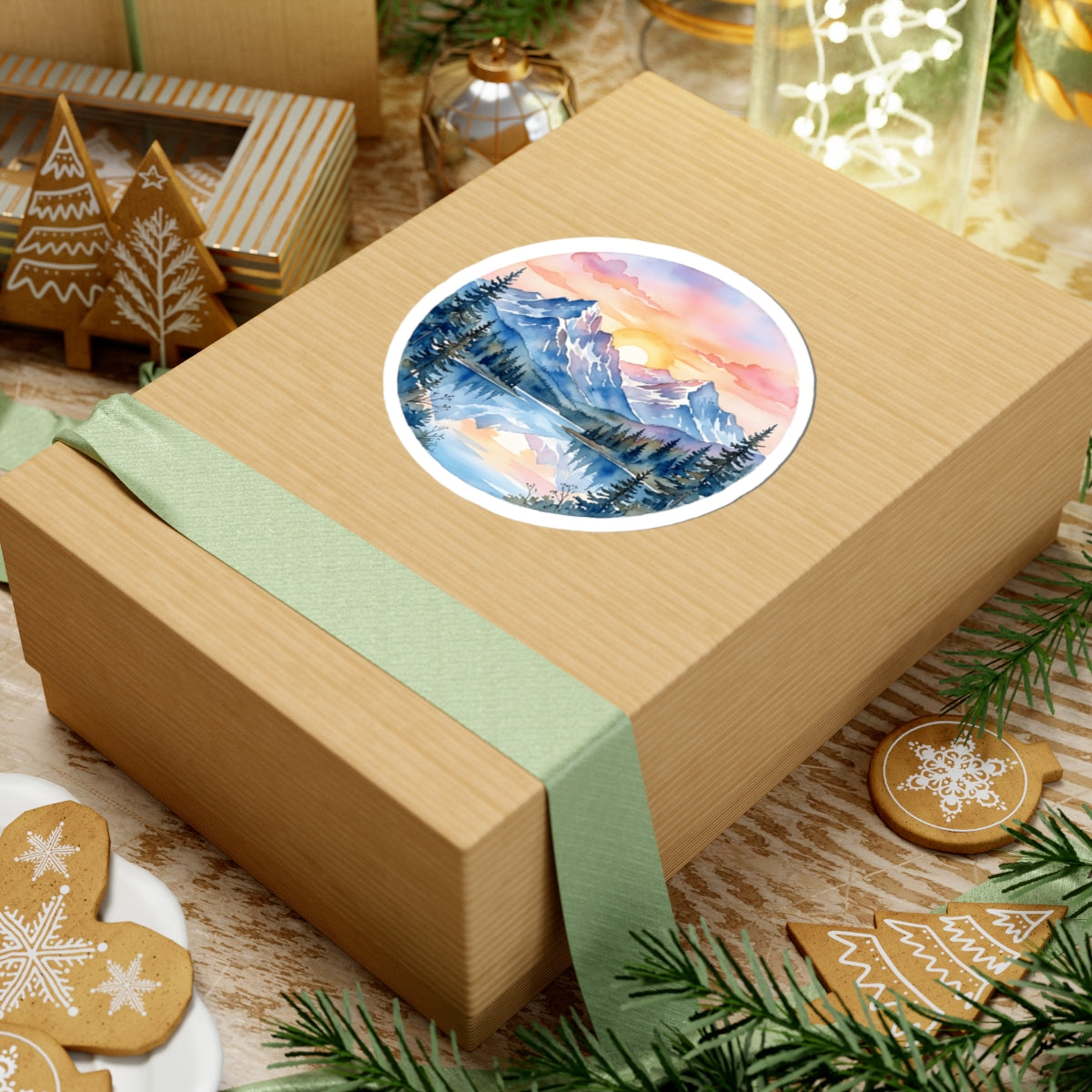Mountain Lake Sunset Watercolor Sticker - Round Snowy Peaks Forest Nature Vinyl Decal 3" 4" 6" Inch