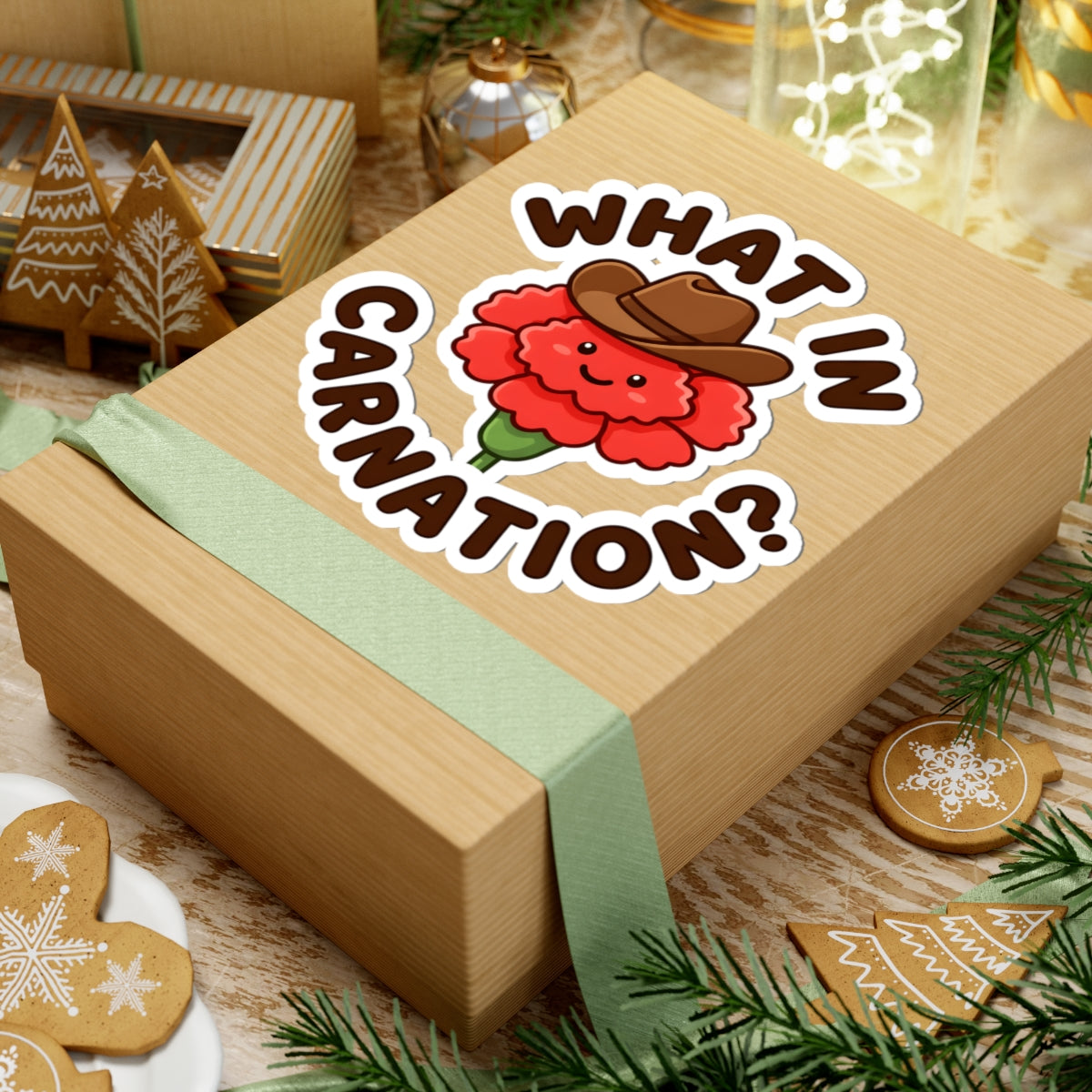 Funny What In Carnation Sticker - Western Cowboy Hat Flower Vinyl Decal 3" 4" 6" Inch