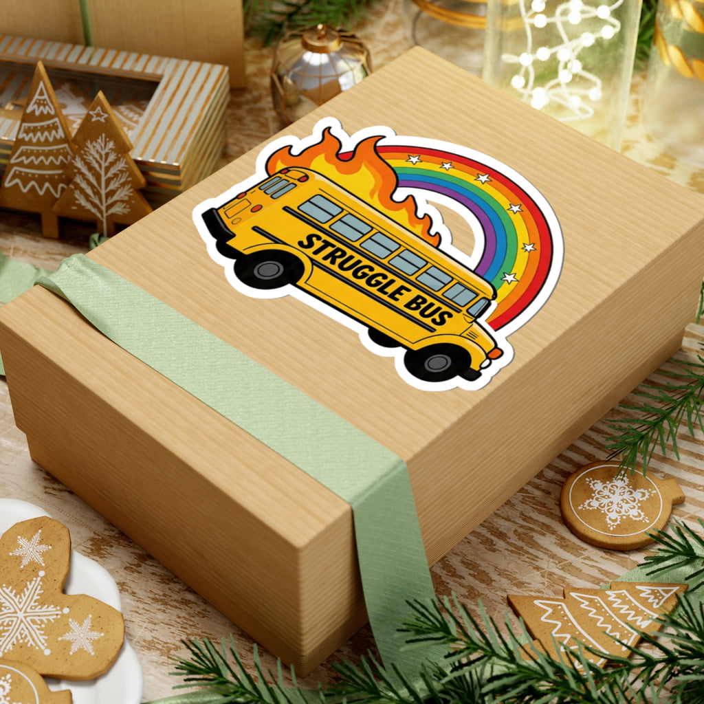 Funny Struggle Bus Sticker - Flaming School Bus with Rainbow & Stars Vinyl Decal 3" 4" 6" Inch