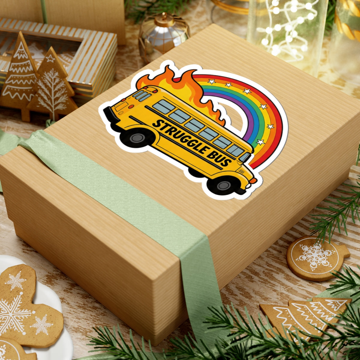 Funny Struggle Bus Sticker - Flaming School Bus with Rainbow & Stars Vinyl Decal 3" 4" 6" Inch