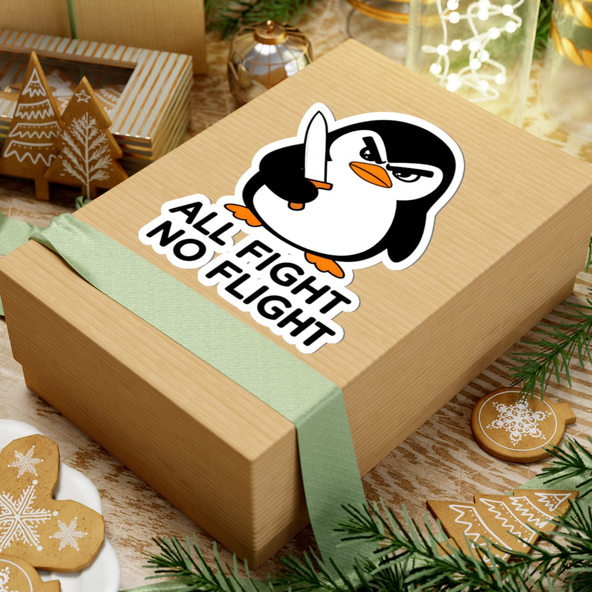 All Fight No Flight Penguin Sticker - Funny Angry Animal with Knife Vinyl Decal 3" 4" 6" Inch