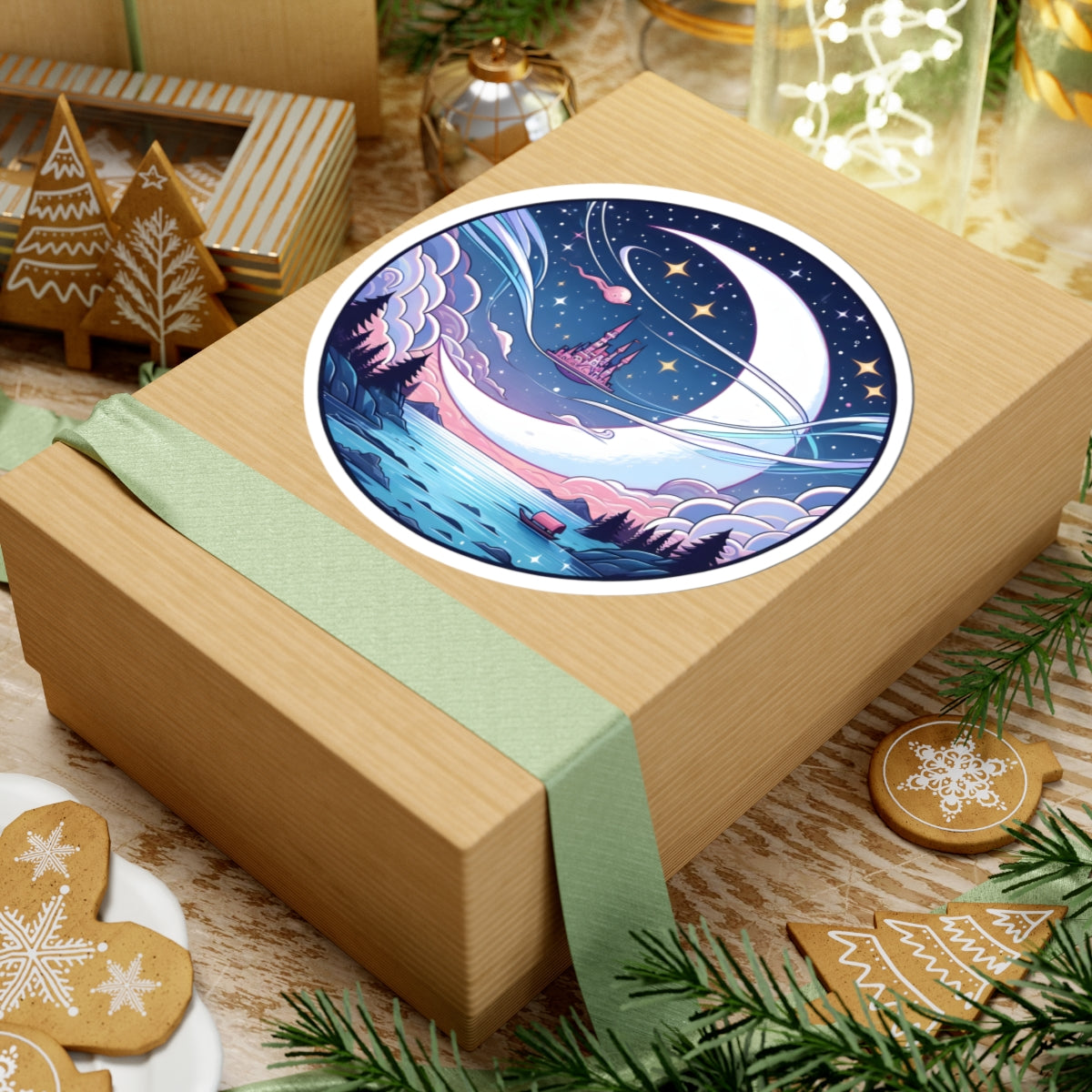 Dreamy Castle Crescent Moon Sticker - Whimsical Celestial Night Sky Round Vinyl Decal 3" 4" 6" Inch
