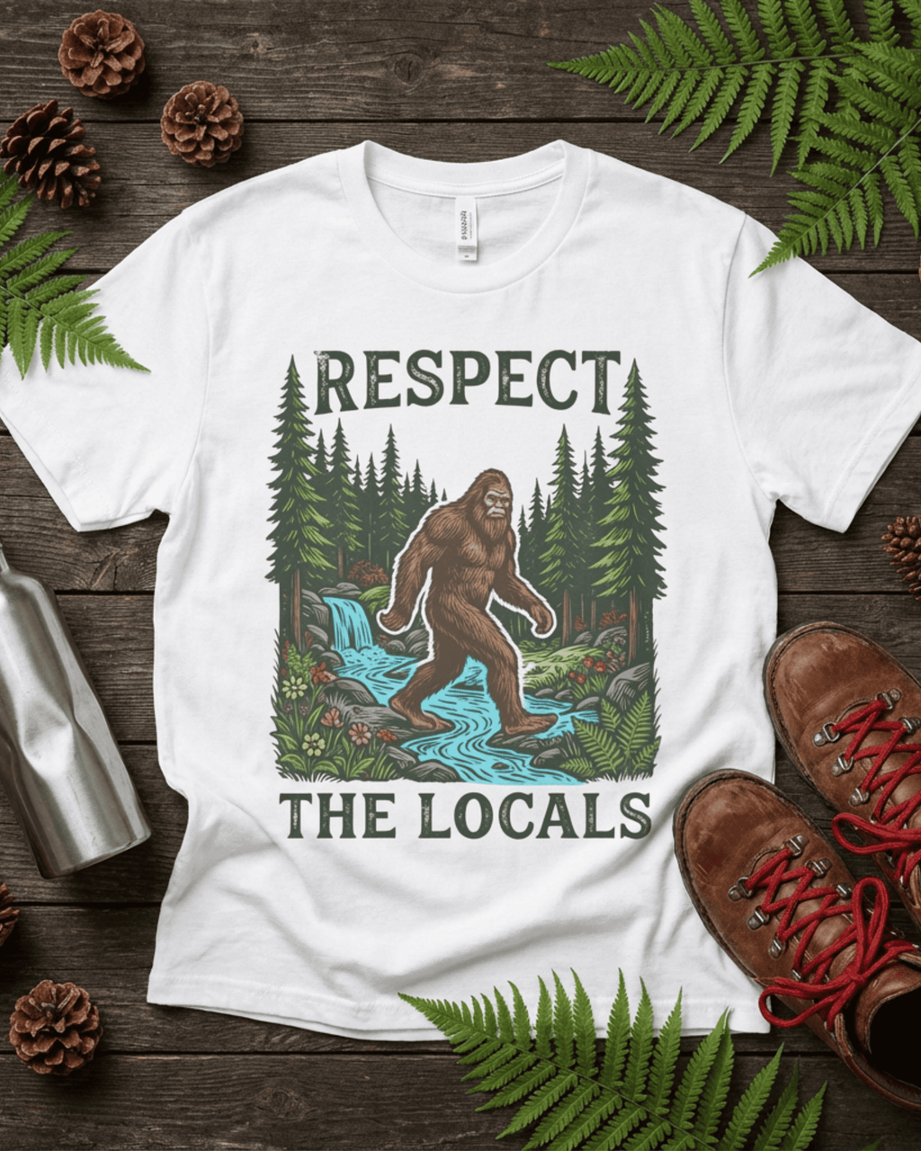 A white 'Respect The Locals' Bigfoot t-shirt laid out for a camping adventure. This 90s retro shirt for hikers features the famous cryptid yeti on a comfortable nature tee, perfect for the outdoors.