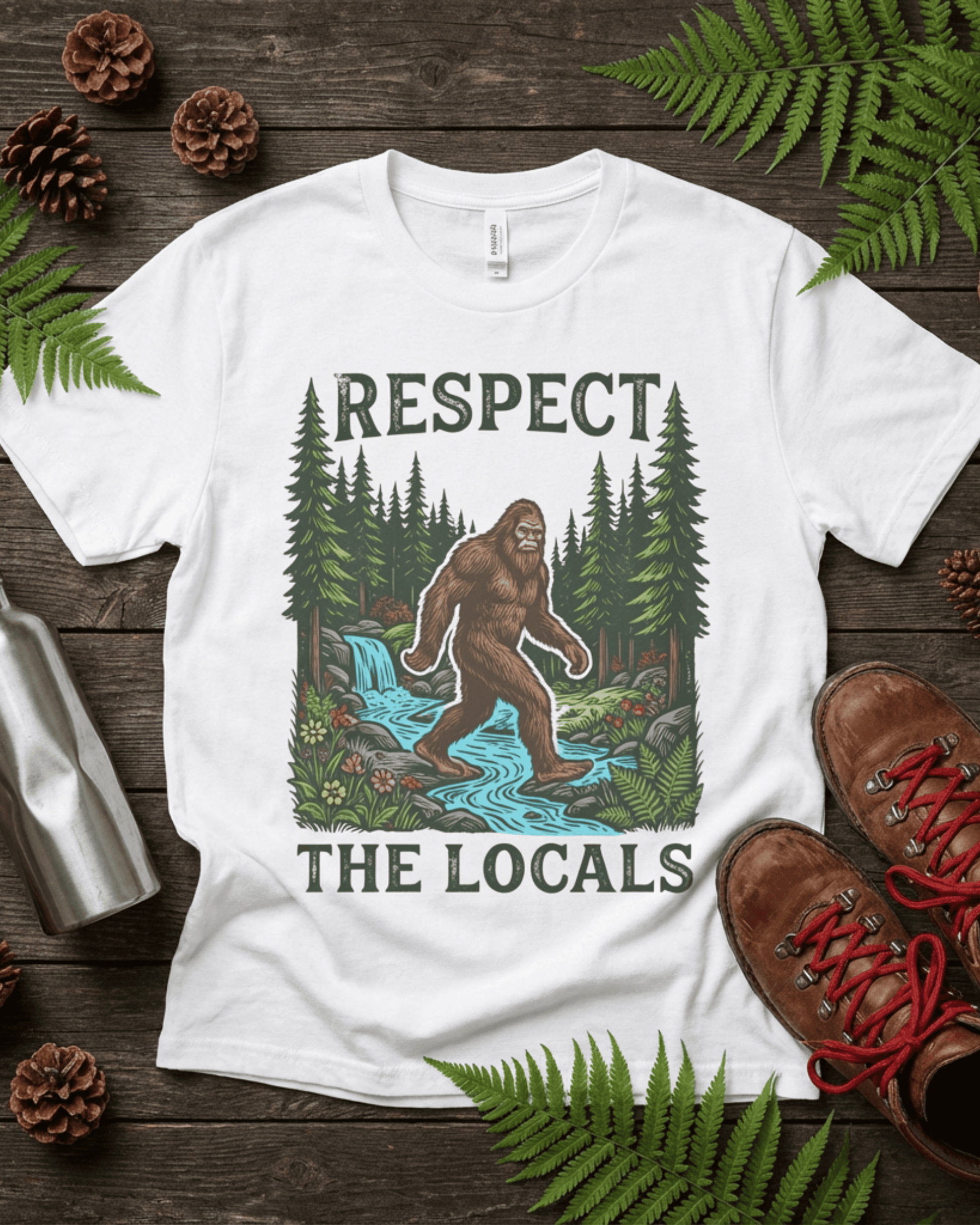 A white 'Respect The Locals' Bigfoot t-shirt laid out for a camping adventure. This 90s retro shirt for hikers features the famous cryptid yeti on a comfortable nature tee, perfect for the outdoors.