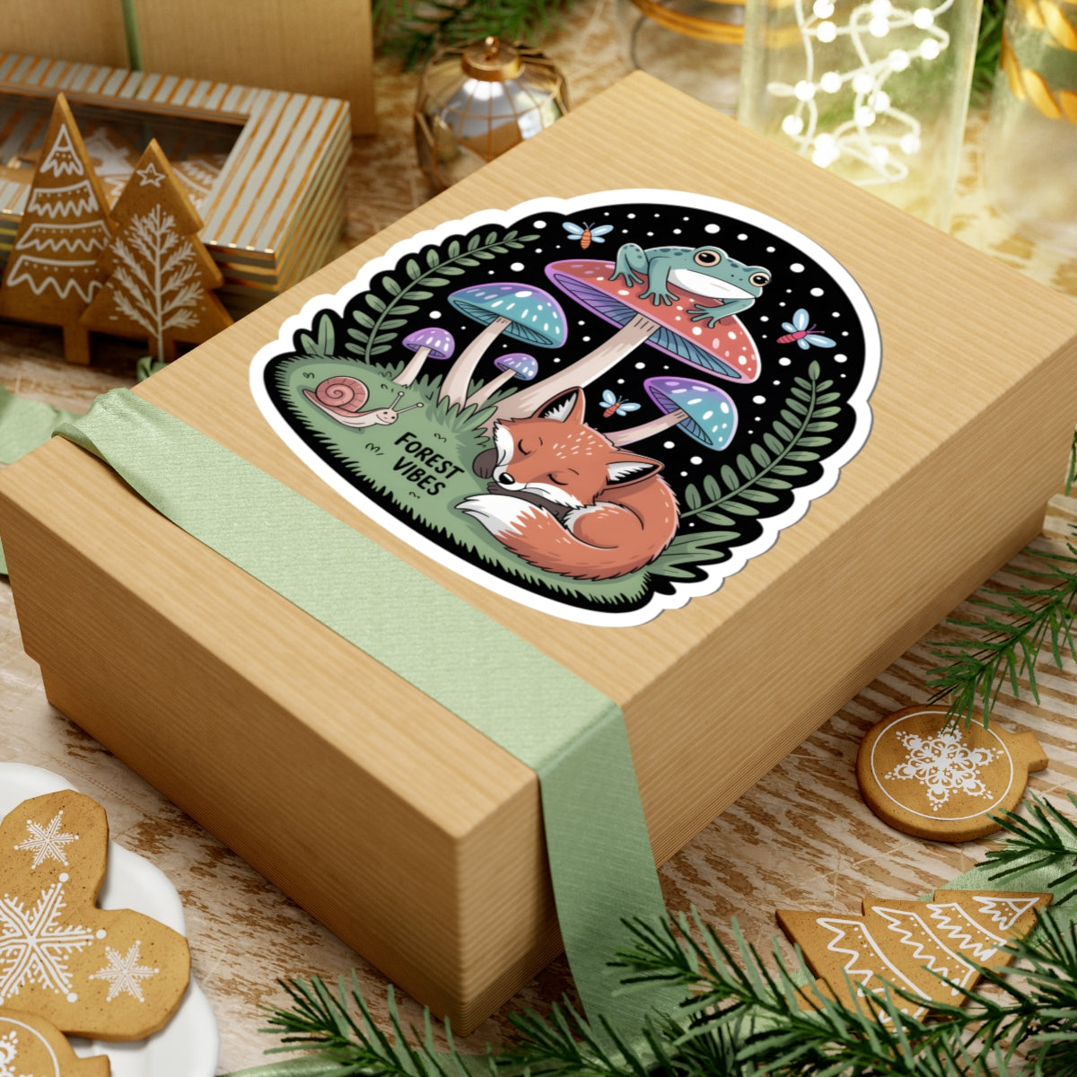 Forest Vibes Cute Woodland Animals Sticker - Fox Frog Mushroom Night Scene Vinyl Decal 3" 4" 6" Inch