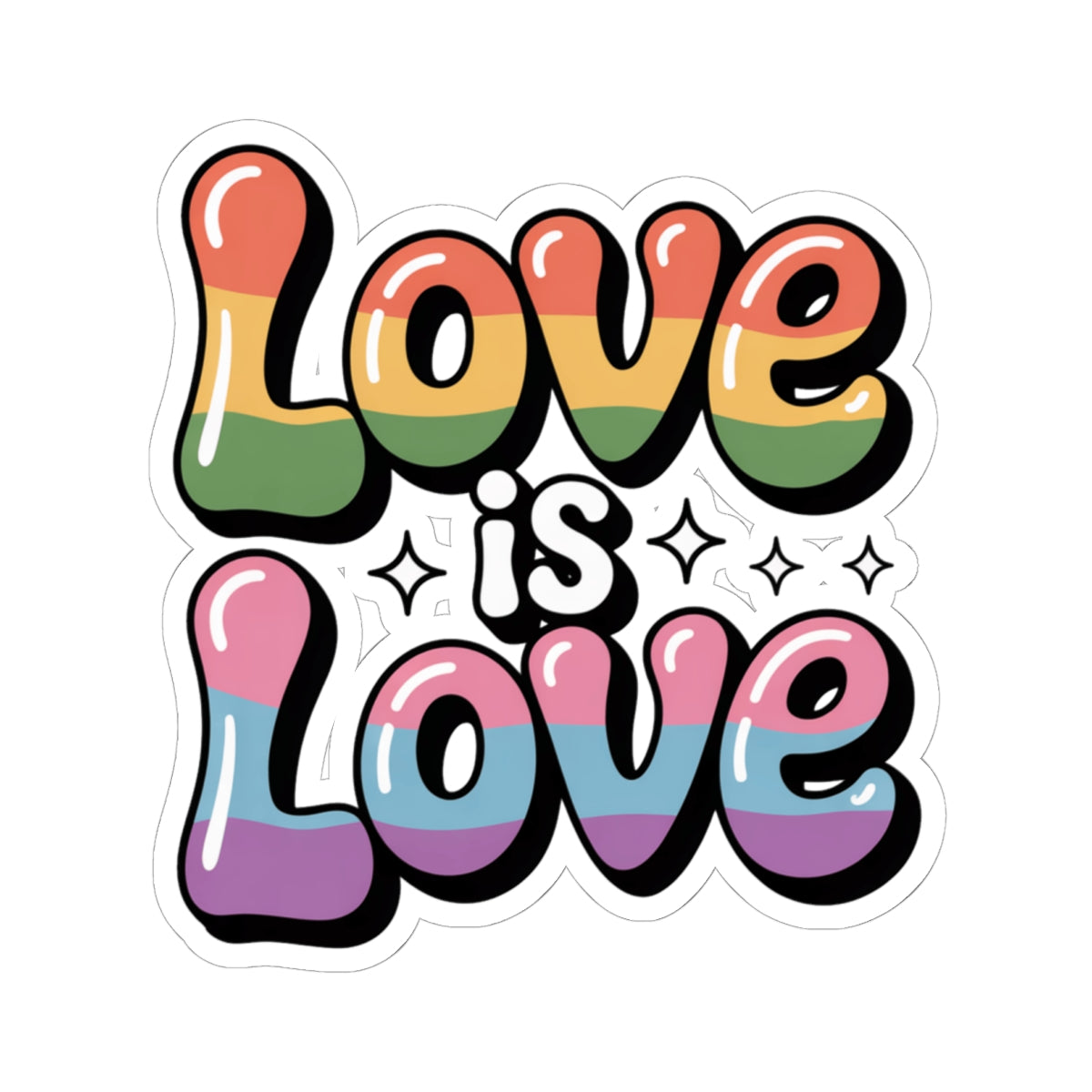 Love Is Love LGBTQ+ Rainbow Pride Sticker – Retro Bubbly Font, Gay Lesbian Ally Equality