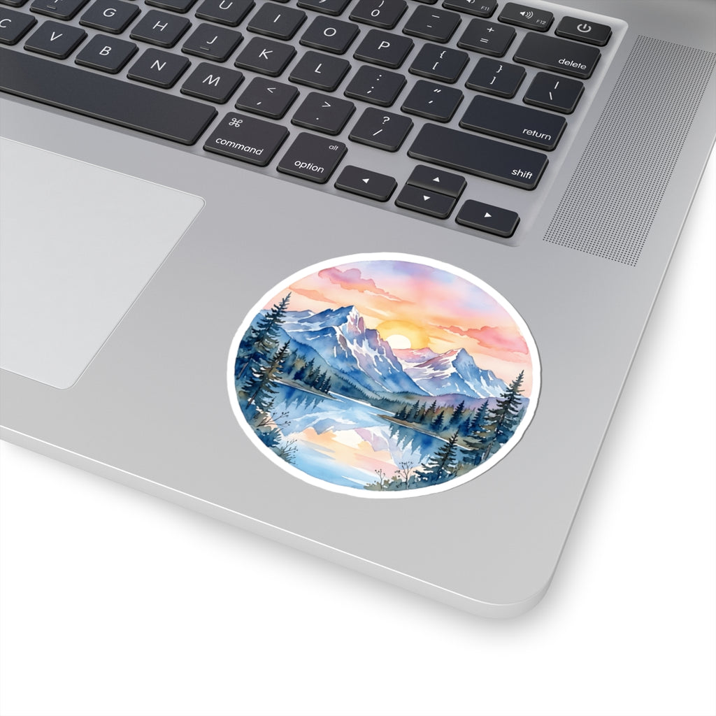 Mountain Lake Sunset Watercolor Sticker - Round Snowy Peaks Forest Nature Vinyl Decal 3" 4" 6" Inch