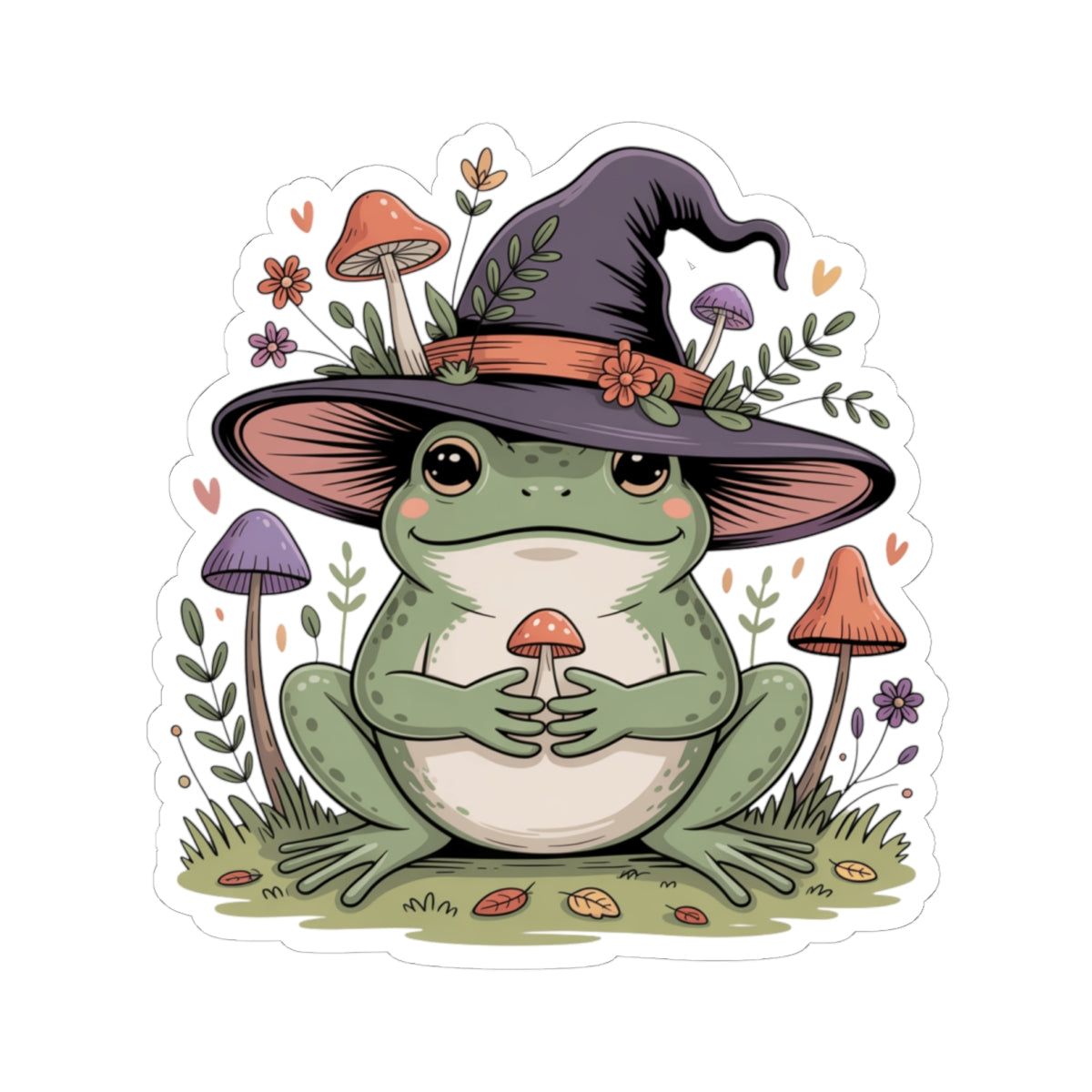 Cottagecore Frog & Mushrooms Sticker - Wildflower Fall Aesthetic Vinyl Decal