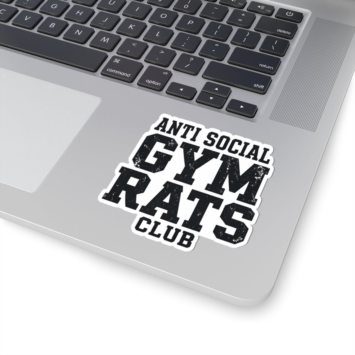 A kiss-cut vinyl sticker with the text 'ANTI SOCIAL GYM RATS CLUB' in distressed black lettering on a white background, shown applied to the palm rest of a silver laptop.